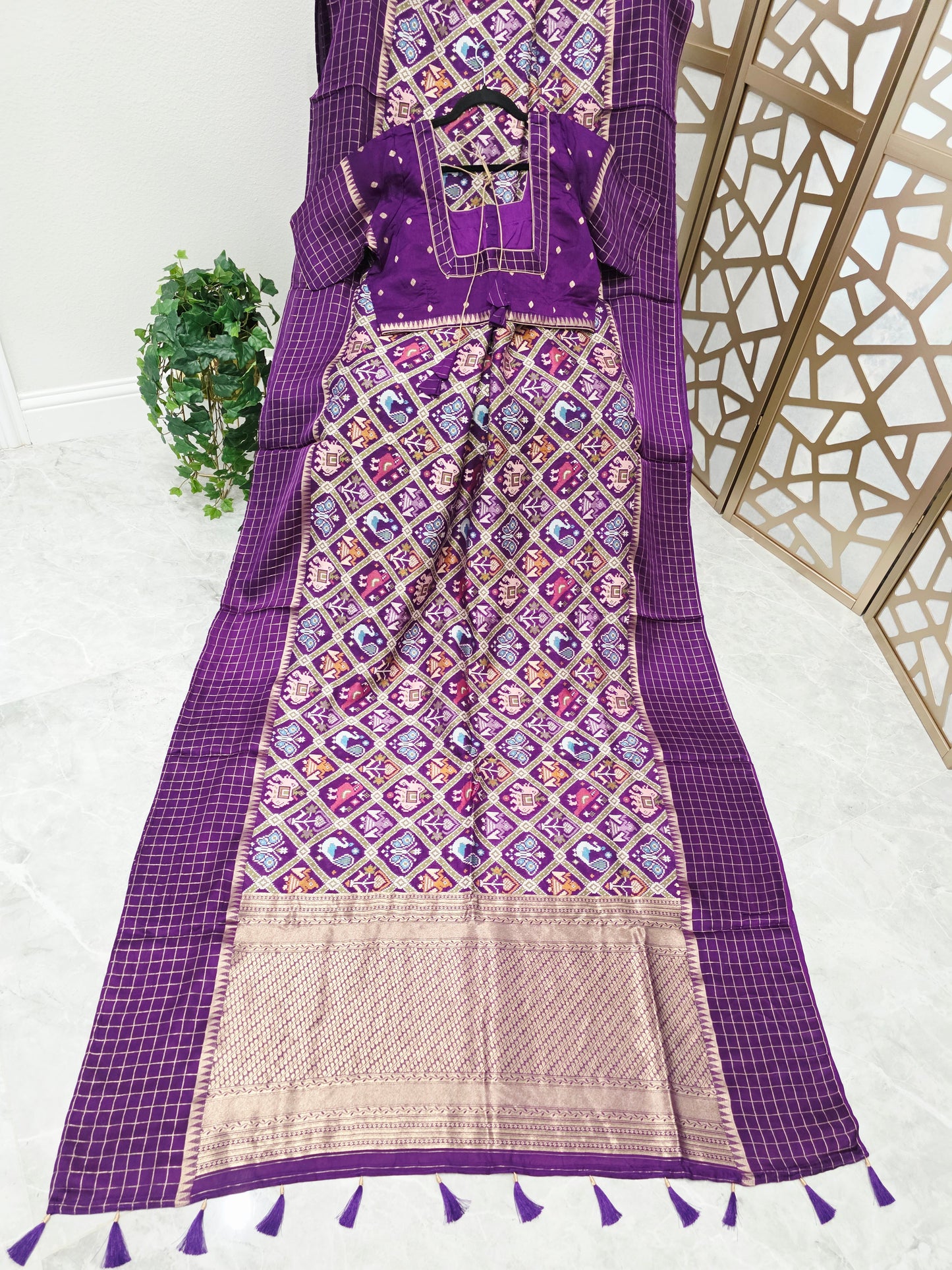 Royal Purple Benarasi Crepe Silk Patola Designer Saree with Gold Check Borders & Matching Stitched Blouse Size 42, Extendable to 48
