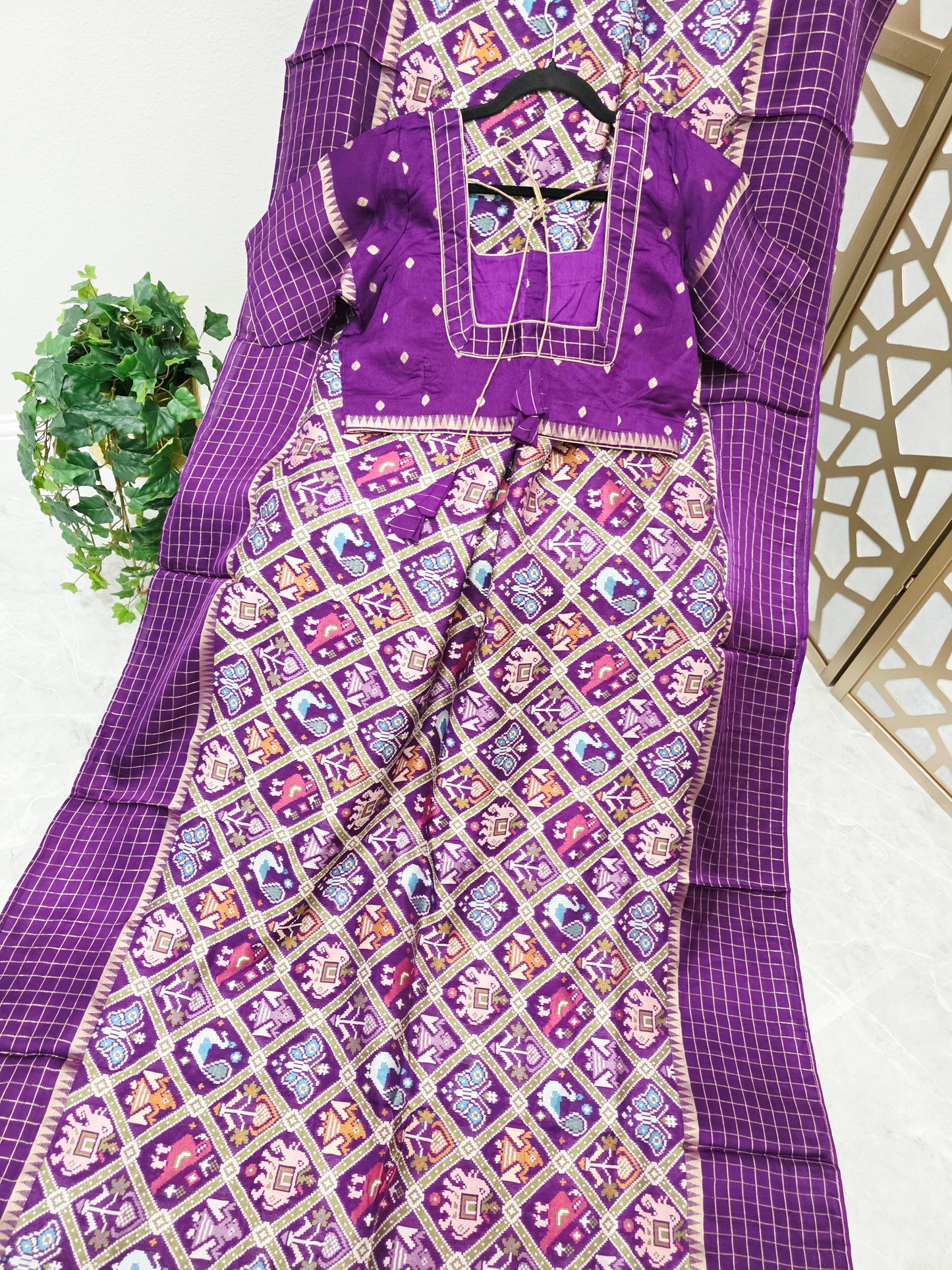 Royal Purple Benarasi Crepe Silk Patola Designer Saree with Gold Check Borders & Matching Stitched Blouse Size 42, Extendable to 48