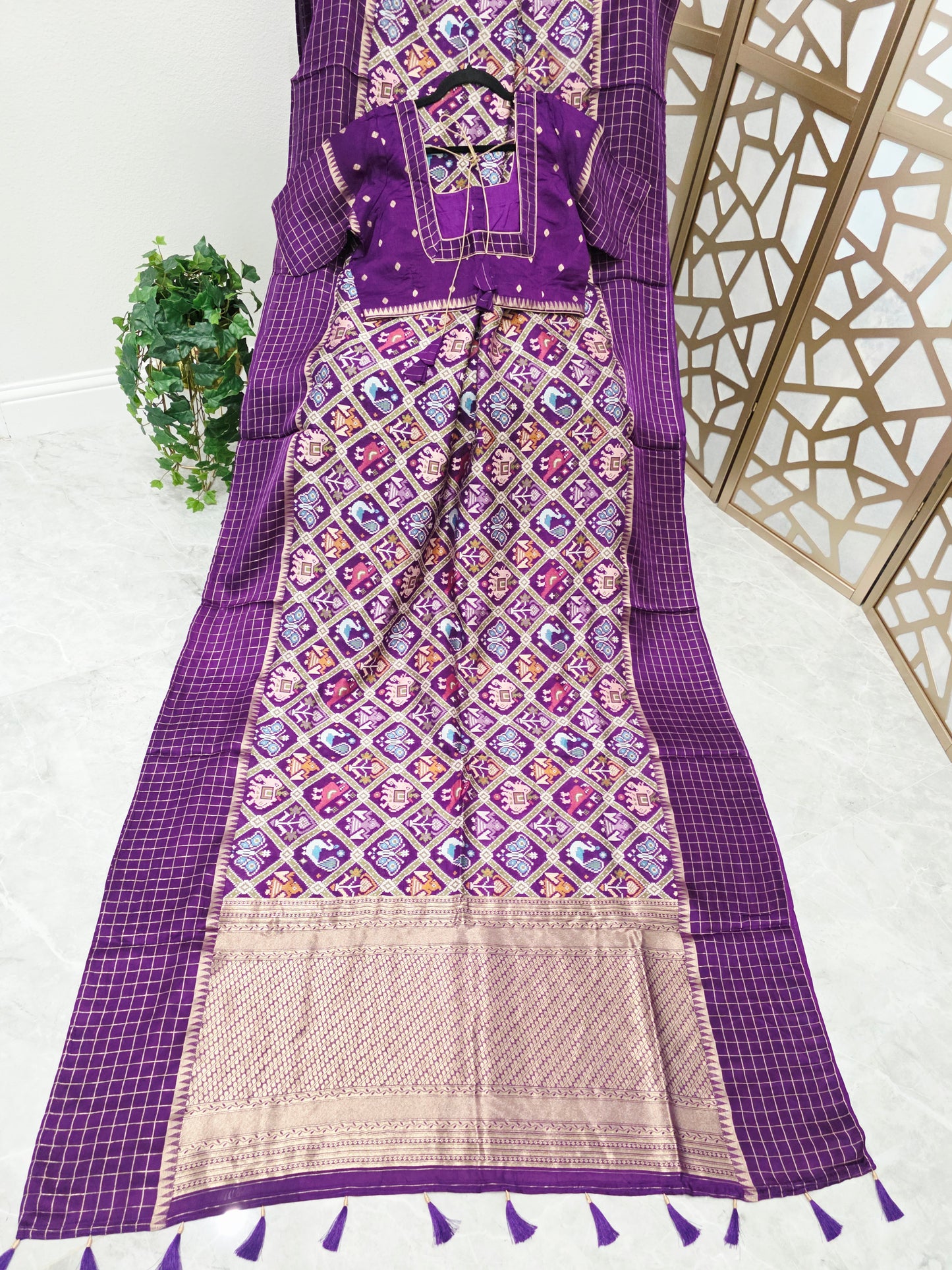 Royal Purple Benarasi Crepe Silk Patola Designer Saree with Gold Check Borders & Matching Stitched Blouse Size 42, Extendable to 48