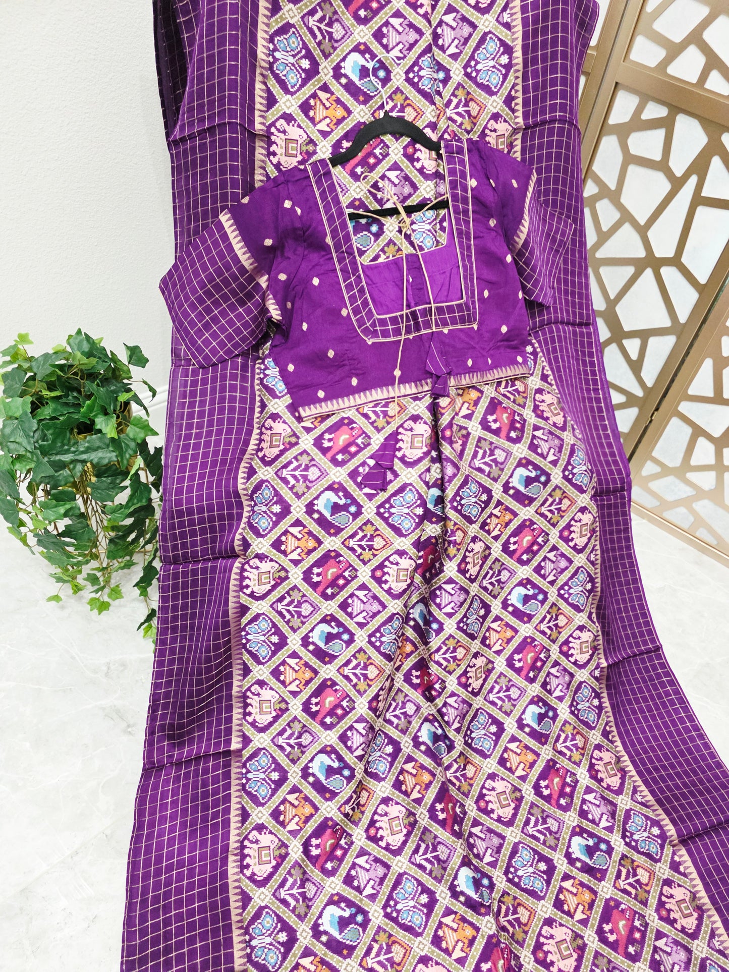 Royal Purple Benarasi Crepe Silk Patola Designer Saree with Gold Check Borders & Matching Stitched Blouse Size 42, Extendable to 48