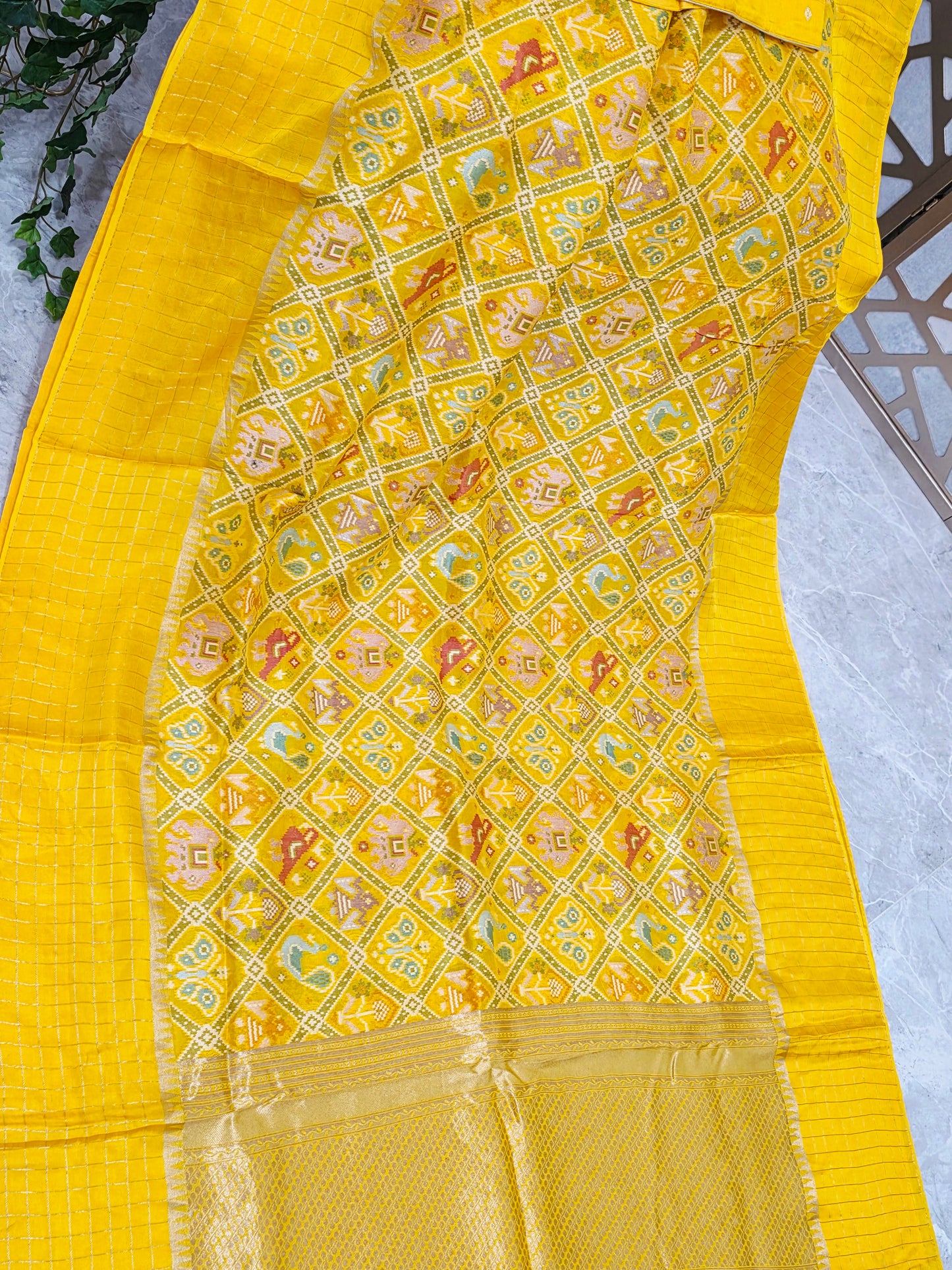 Canary Yellow & Champagne Gold Benarasi Crepe Silk Patola Saree with Stitched Blouse — Size 38, Extendable to 44
