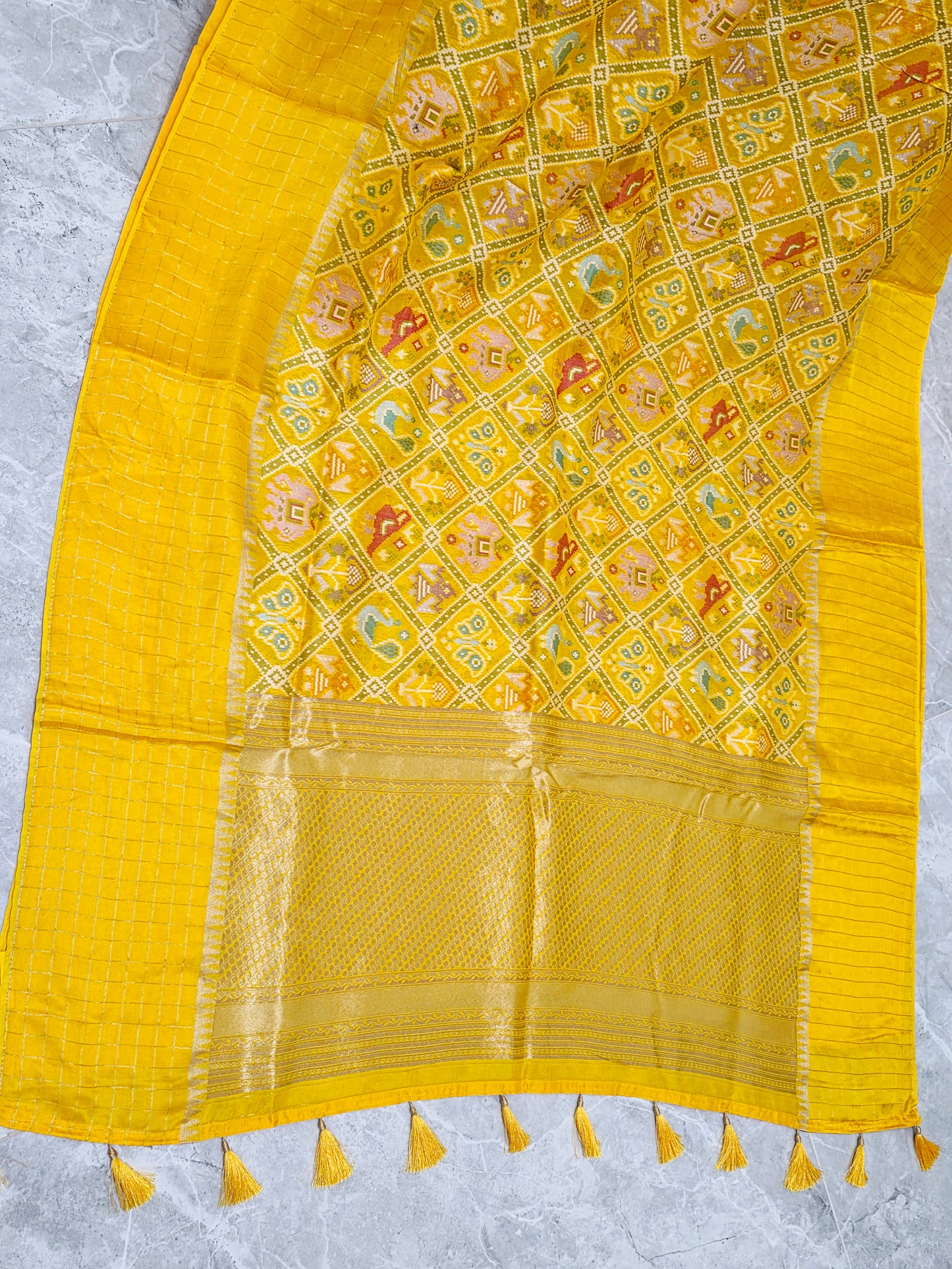 Canary Yellow & Champagne Gold Benarasi Crepe Silk Patola Saree with Stitched Blouse — Size 38, Extendable to 44