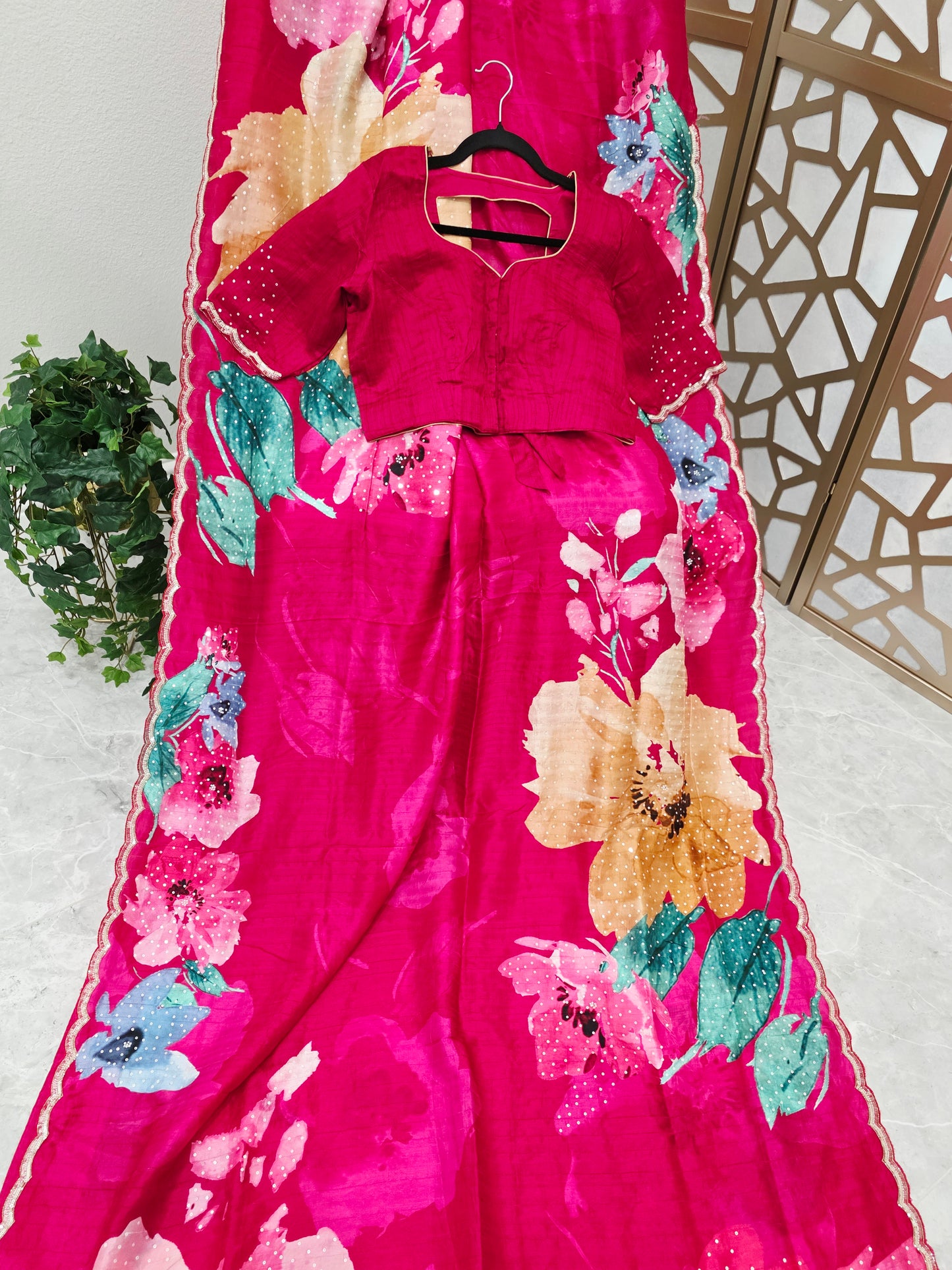Rani Fuchsia Pink Floral Russian Crepe Silk Saree with Scalloped Sequin Border & Stitched Blouse — Size 40, Extendable to 46