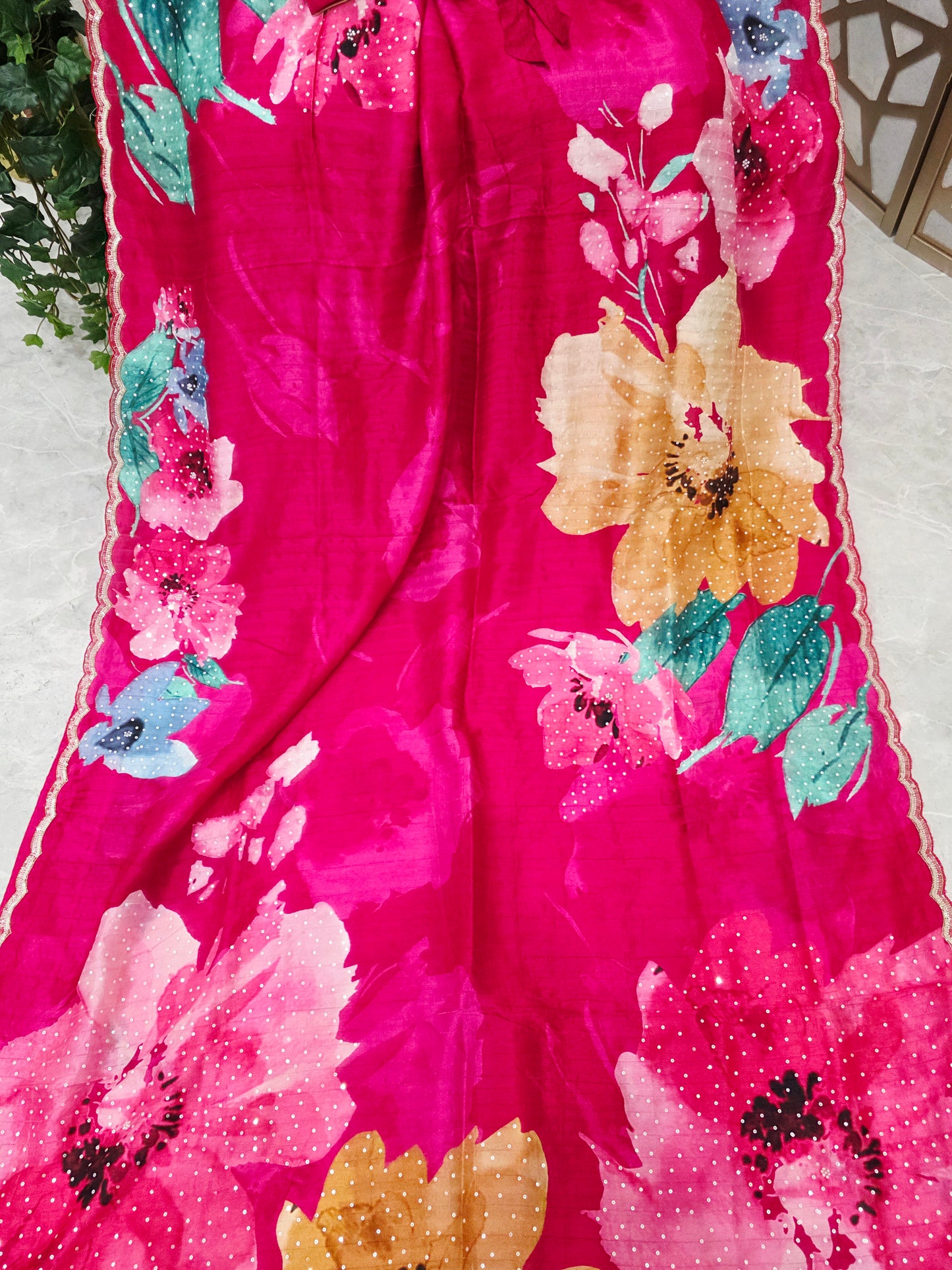 Rani Fuchsia Pink Floral Russian Crepe Silk Saree with Scalloped Sequin Border & Stitched Blouse — Size 40, Extendable to 46