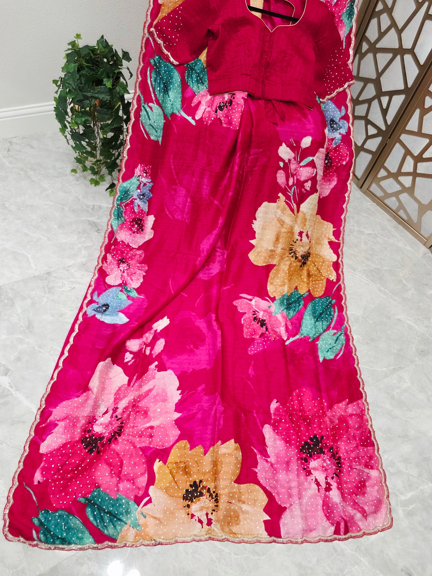 Rani Fuchsia Pink Floral Russian Crepe Silk Saree with Scalloped Sequin Border & Stitched Blouse — Size 40, Extendable to 46