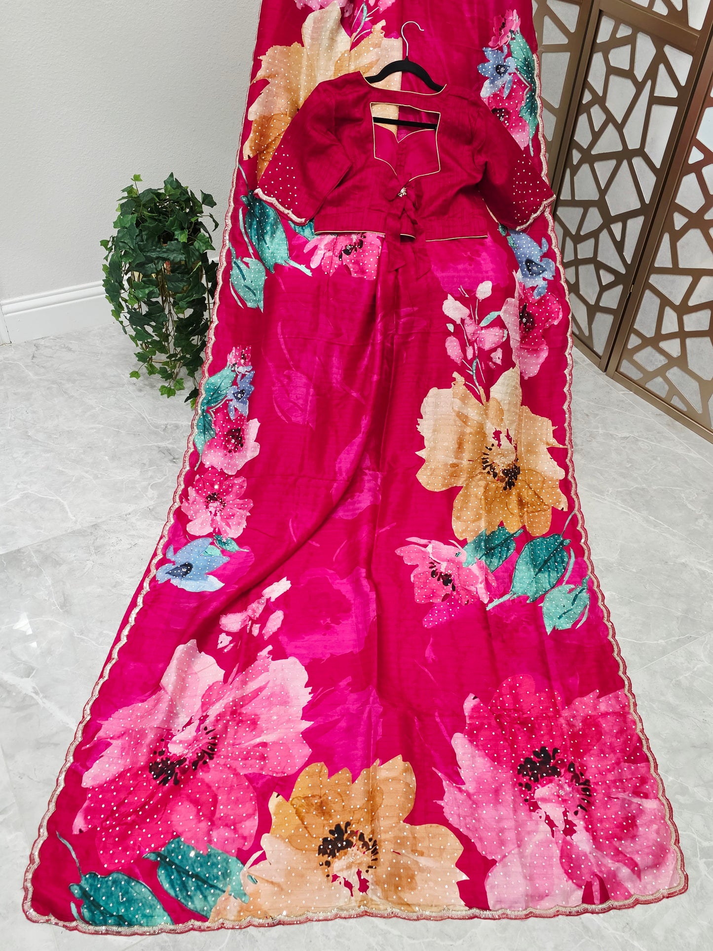 Rani Fuchsia Pink Floral Russian Crepe Silk Saree with Scalloped Sequin Border & Stitched Blouse — Size 40, Extendable to 46