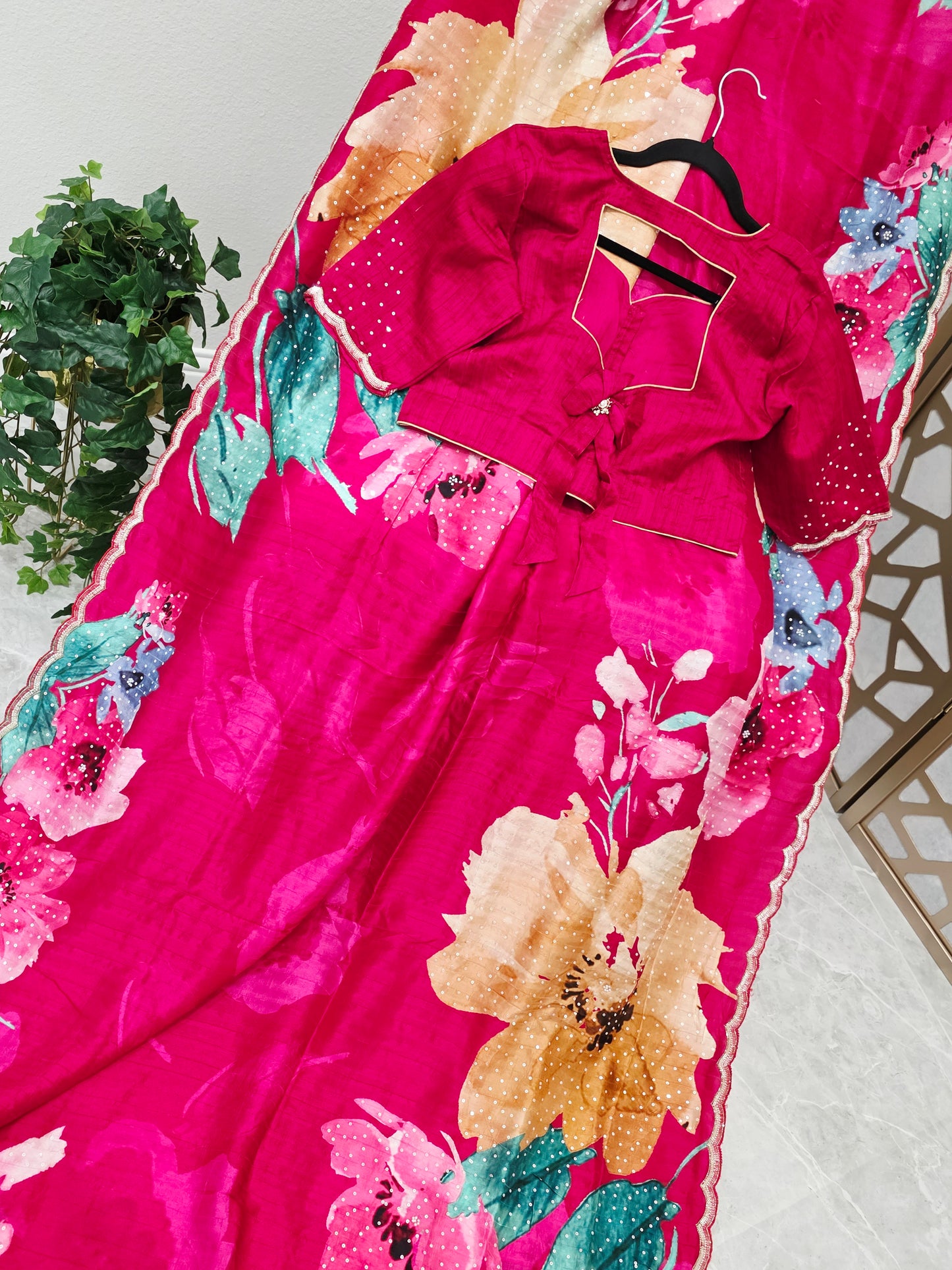 Rani Fuchsia Pink Floral Russian Crepe Silk Saree with Scalloped Sequin Border & Stitched Blouse — Size 40, Extendable to 46