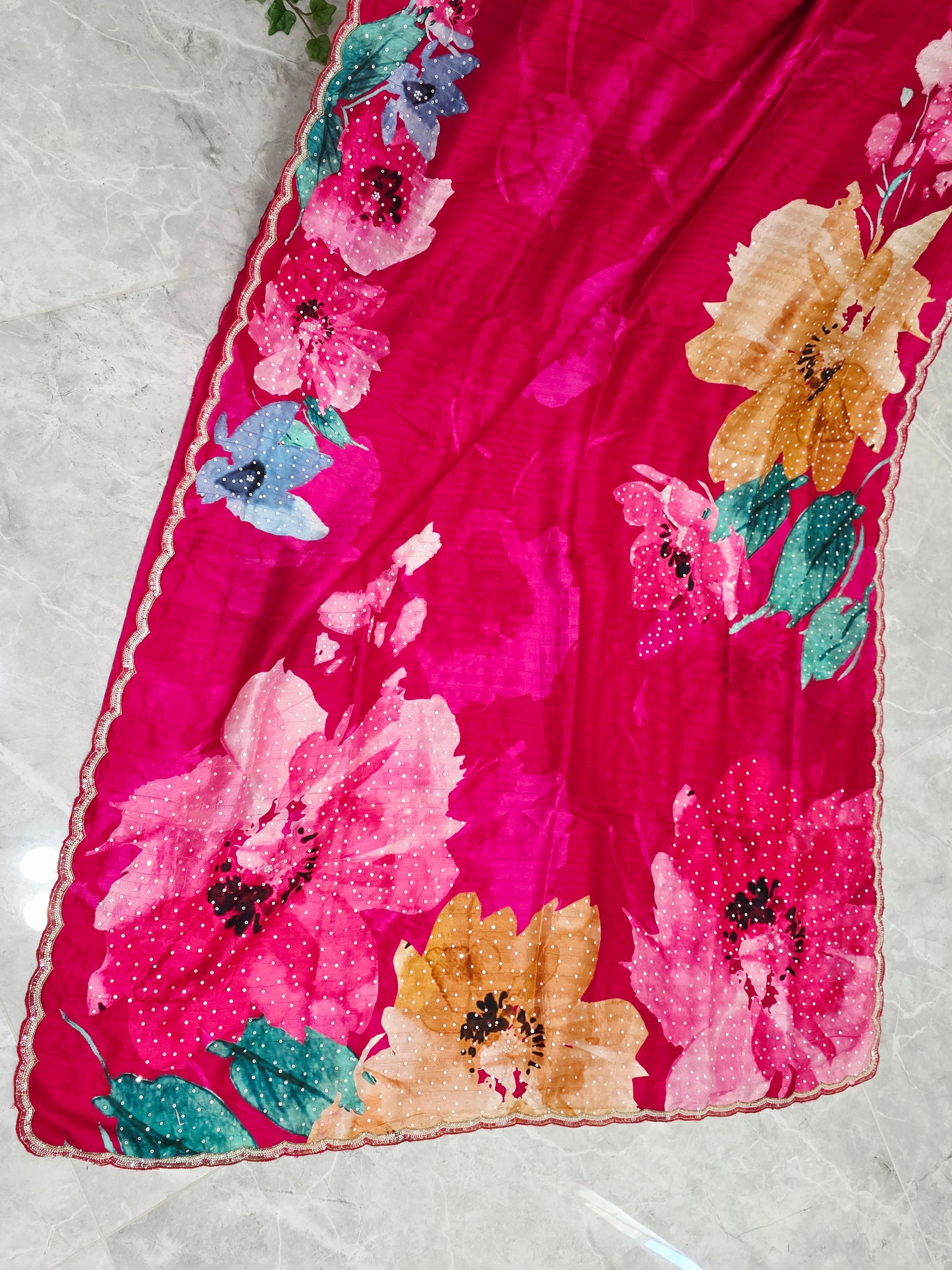 Rani Fuchsia Pink Floral Russian Crepe Silk Saree with Scalloped Sequin Border & Stitched Blouse — Size 40, Extendable to 46
