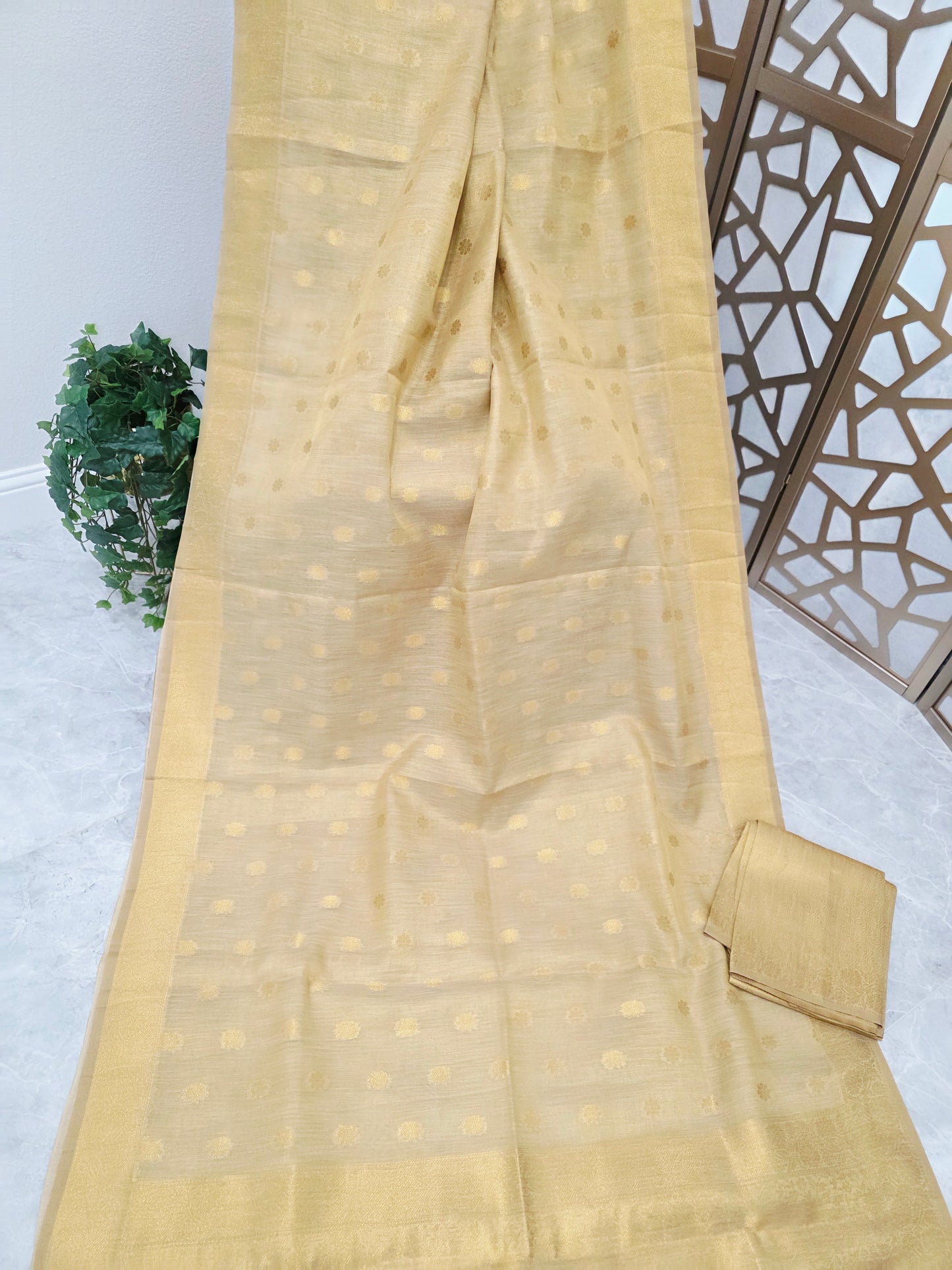Light Champagne Gold Jute Tissue Saree with Floral Butta, Tonal Borders & Matching Unstitched Blouse Piece