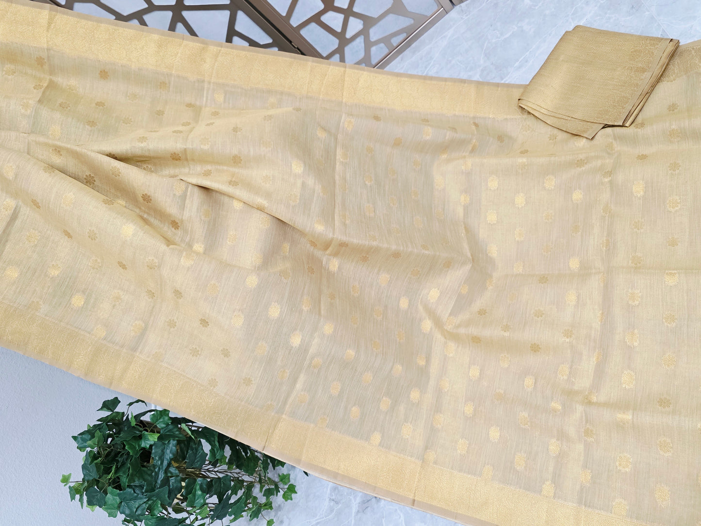 Light Champagne Gold Jute Tissue Saree with Floral Butta, Tonal Borders & Matching Unstitched Blouse Piece