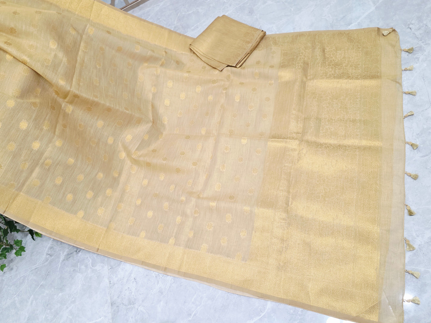 Light Champagne Gold Jute Tissue Saree with Floral Butta, Tonal Borders & Matching Unstitched Blouse Piece