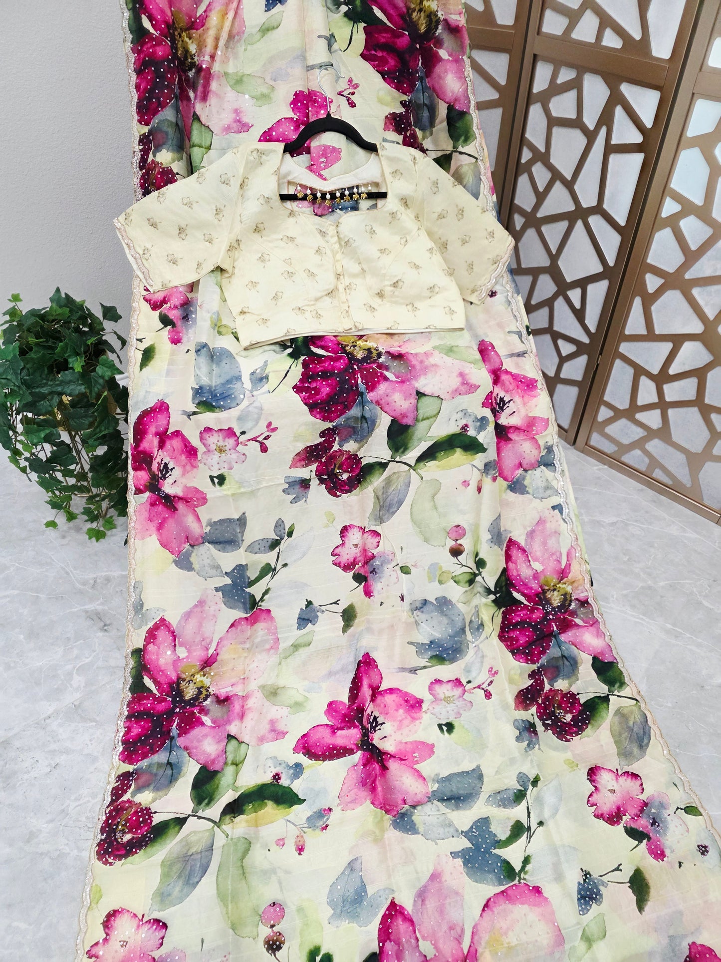 Ivory Cream & Fuchsia Floral Russian Crepe Silk Saree with Scalloped Sequin Border & Designer Stitched Blouse — Size 42, Extendable to 48