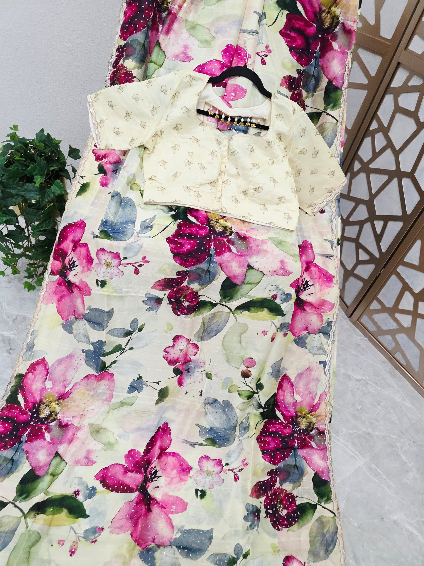 Ivory Cream & Fuchsia Floral Russian Crepe Silk Saree with Scalloped Sequin Border & Designer Stitched Blouse — Size 42, Extendable to 48