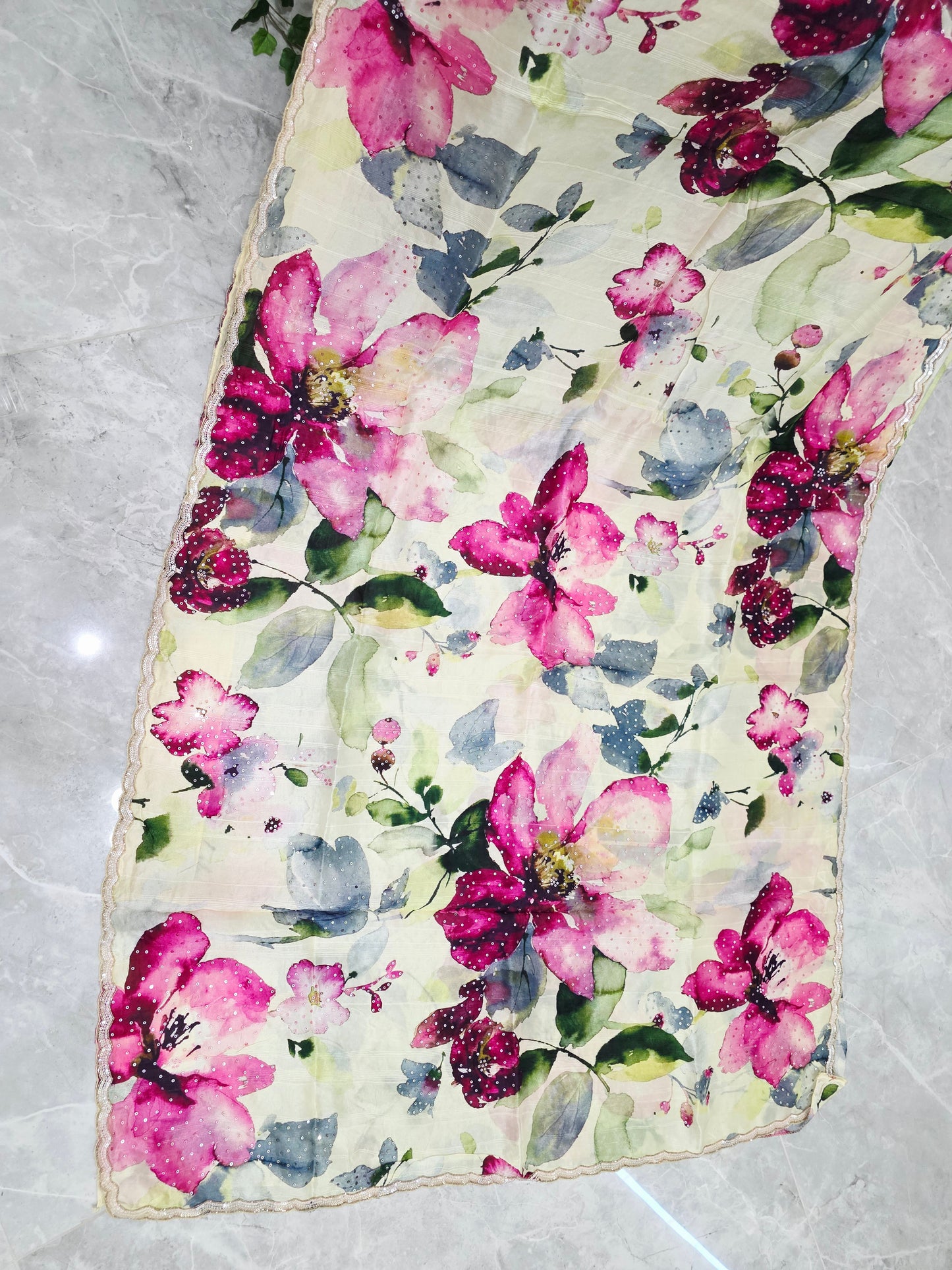 Ivory Cream & Fuchsia Floral Russian Crepe Silk Saree with Scalloped Sequin Border & Designer Stitched Blouse — Size 42, Extendable to 48