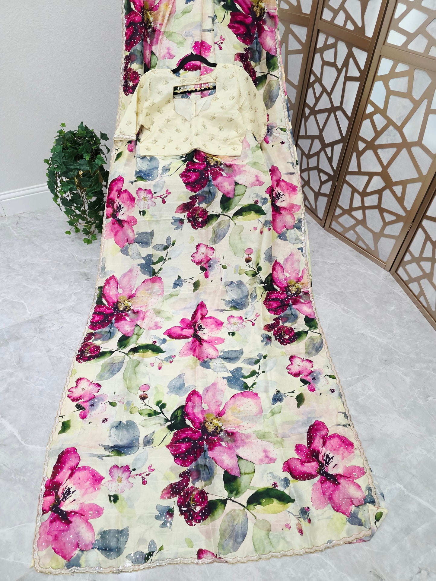 Ivory Cream & Fuchsia Floral Russian Crepe Silk Saree with Scalloped Sequin Border & Designer Stitched Blouse — Size 42, Extendable to 48