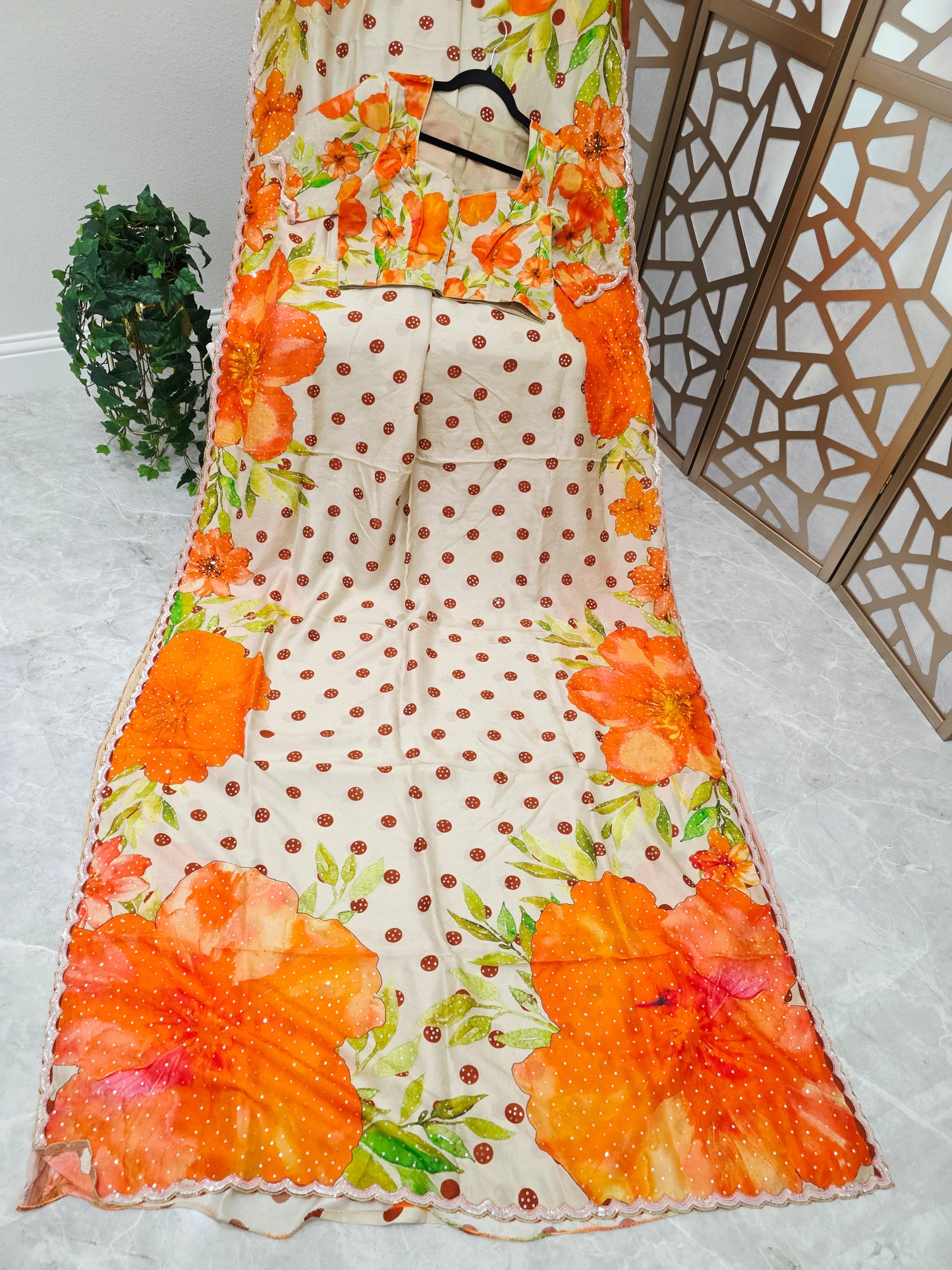 Ivory Cream & Tangerine Orange Floral Polka Dot Russian Crepe Silk Saree with Scalloped Sequin Border & Stitched Blouse — Size 38, Extendable to 44