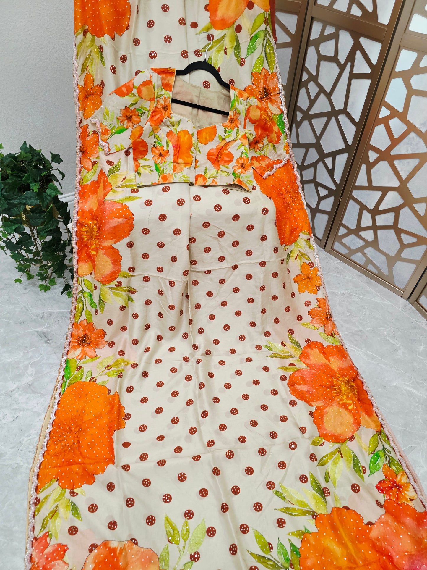 Ivory Cream & Tangerine Orange Floral Polka Dot Russian Crepe Silk Saree with Scalloped Sequin Border & Stitched Blouse — Size 38, Extendable to 44