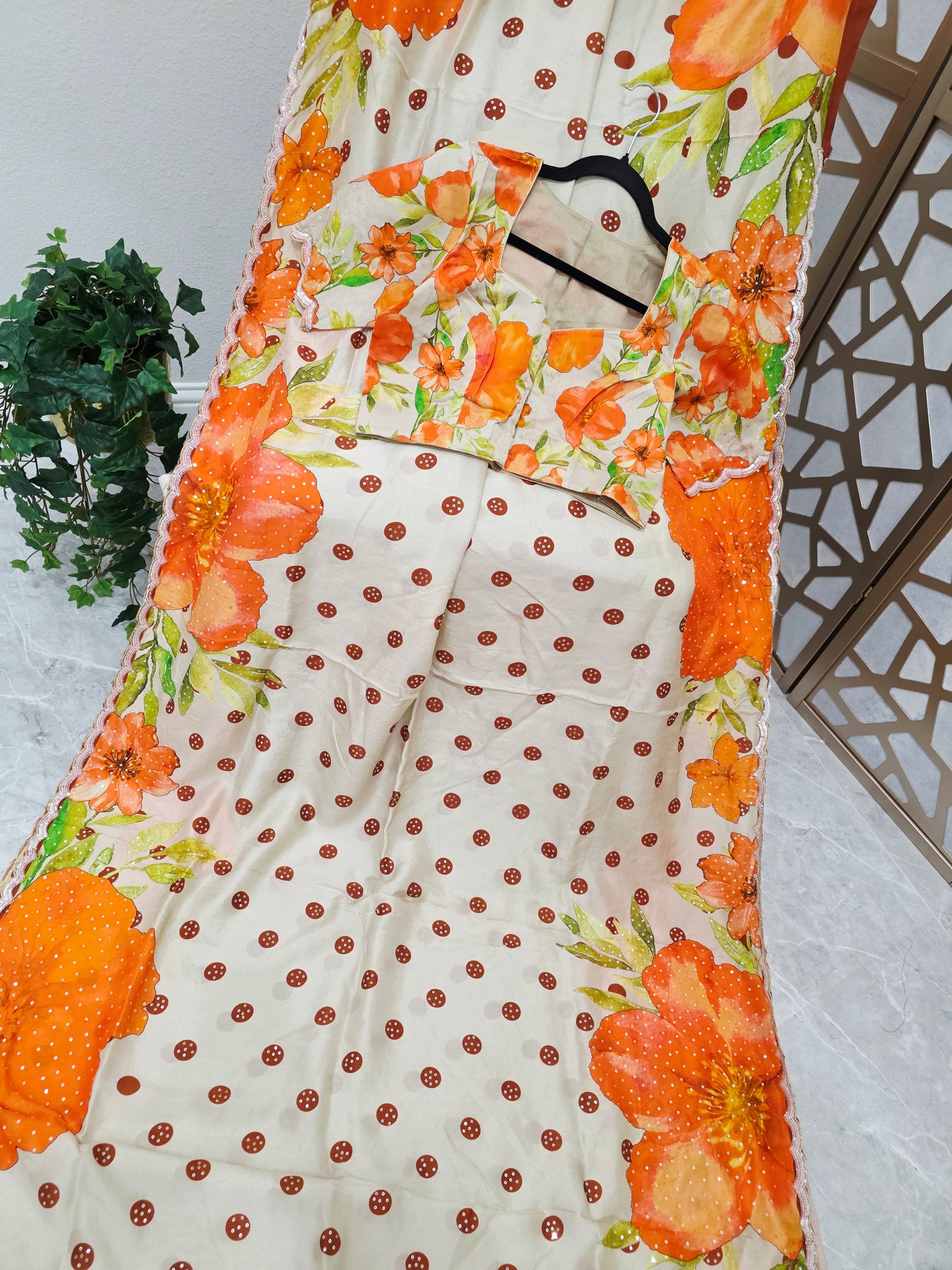 Ivory Cream & Tangerine Orange Floral Polka Dot Russian Crepe Silk Saree with Scalloped Sequin Border & Stitched Blouse — Size 38, Extendable to 44