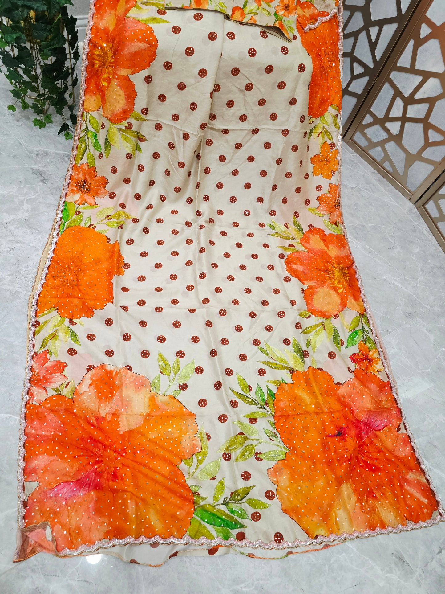 Ivory Cream & Tangerine Orange Floral Polka Dot Russian Crepe Silk Saree with Scalloped Sequin Border & Stitched Blouse — Size 38, Extendable to 44