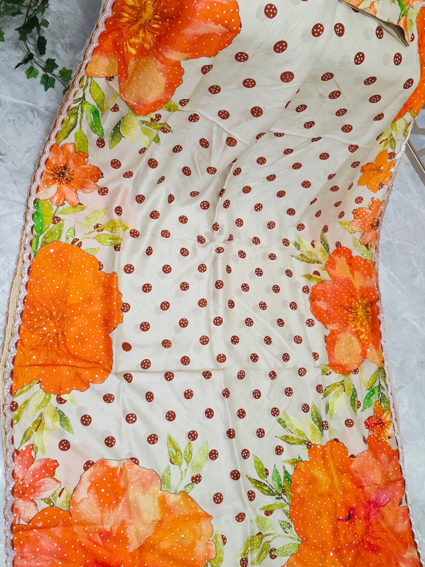 Ivory Cream & Tangerine Orange Floral Polka Dot Russian Crepe Silk Saree with Scalloped Sequin Border & Stitched Blouse — Size 38, Extendable to 44