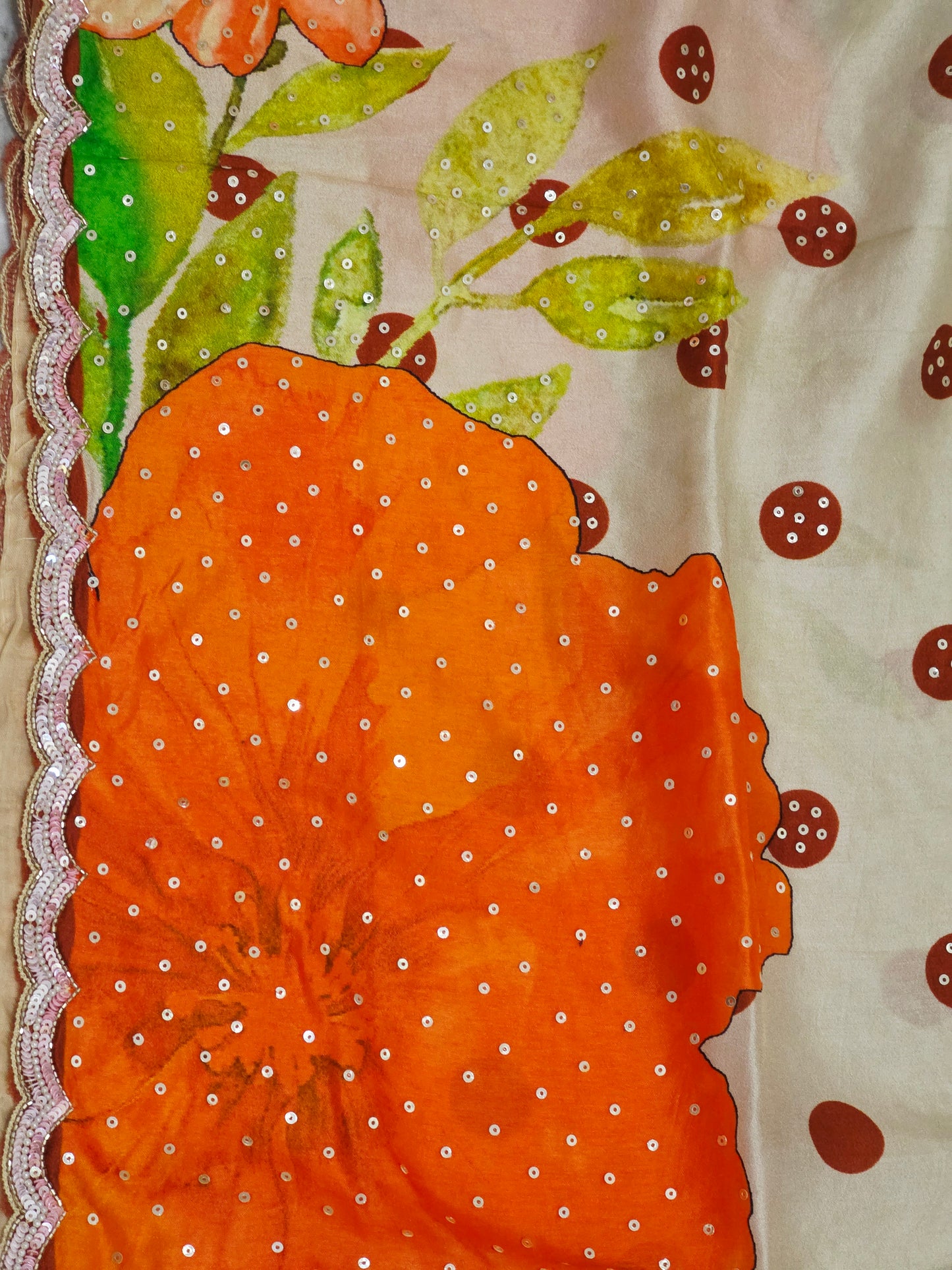 Ivory Cream & Tangerine Orange Floral Polka Dot Russian Crepe Silk Saree with Scalloped Sequin Border & Stitched Blouse — Size 38, Extendable to 44