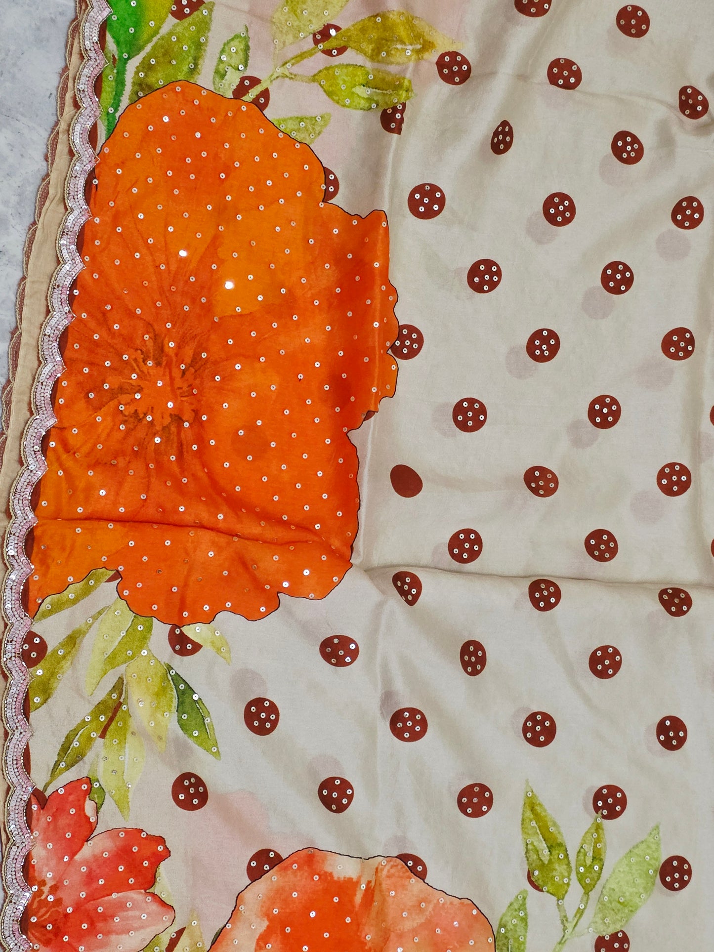 Ivory Cream & Tangerine Orange Floral Polka Dot Russian Crepe Silk Saree with Scalloped Sequin Border & Stitched Blouse — Size 38, Extendable to 44