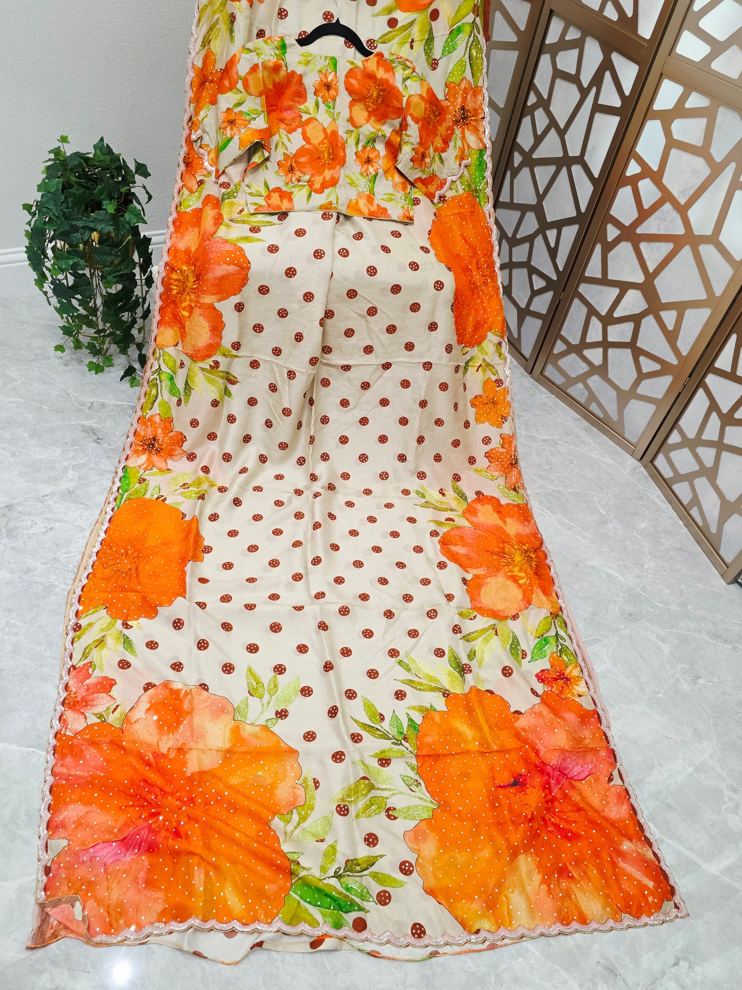Ivory Cream & Tangerine Orange Floral Polka Dot Russian Crepe Silk Saree with Scalloped Sequin Border & Stitched Blouse — Size 38, Extendable to 44