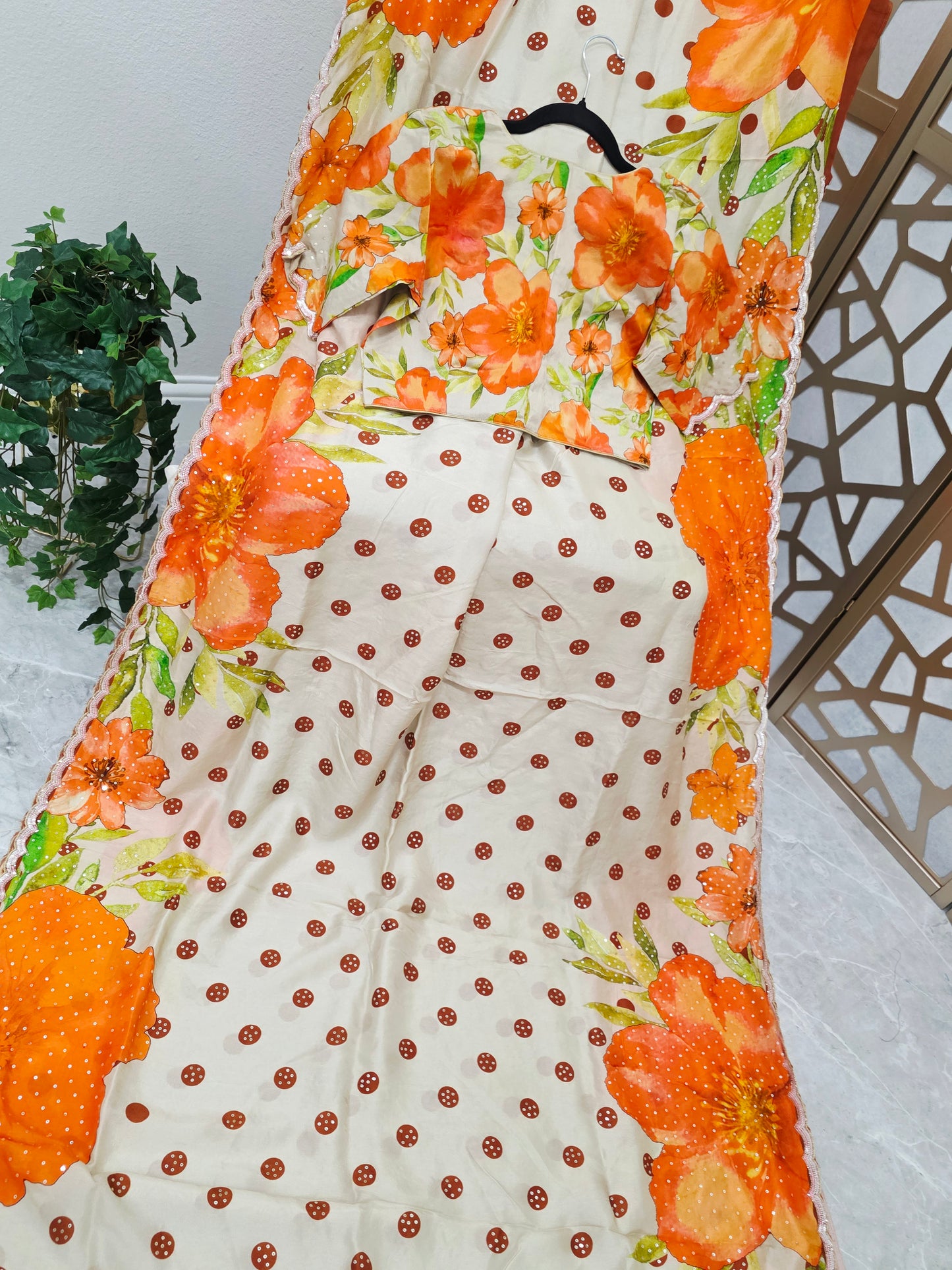 Ivory Cream & Tangerine Orange Floral Polka Dot Russian Crepe Silk Saree with Scalloped Sequin Border & Stitched Blouse — Size 38, Extendable to 44