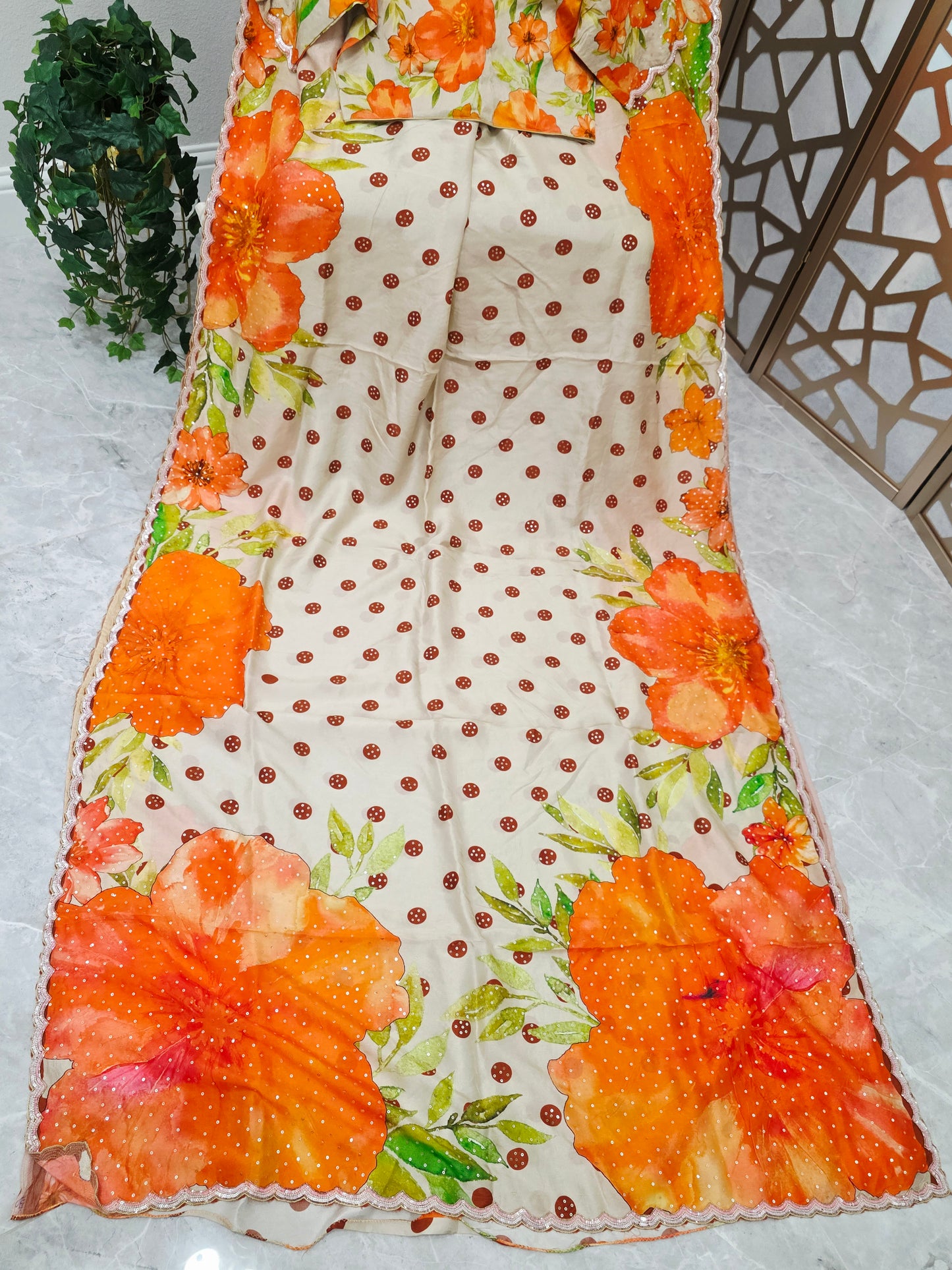 Ivory Cream & Tangerine Orange Floral Polka Dot Russian Crepe Silk Saree with Scalloped Sequin Border & Stitched Blouse — Size 38, Extendable to 44