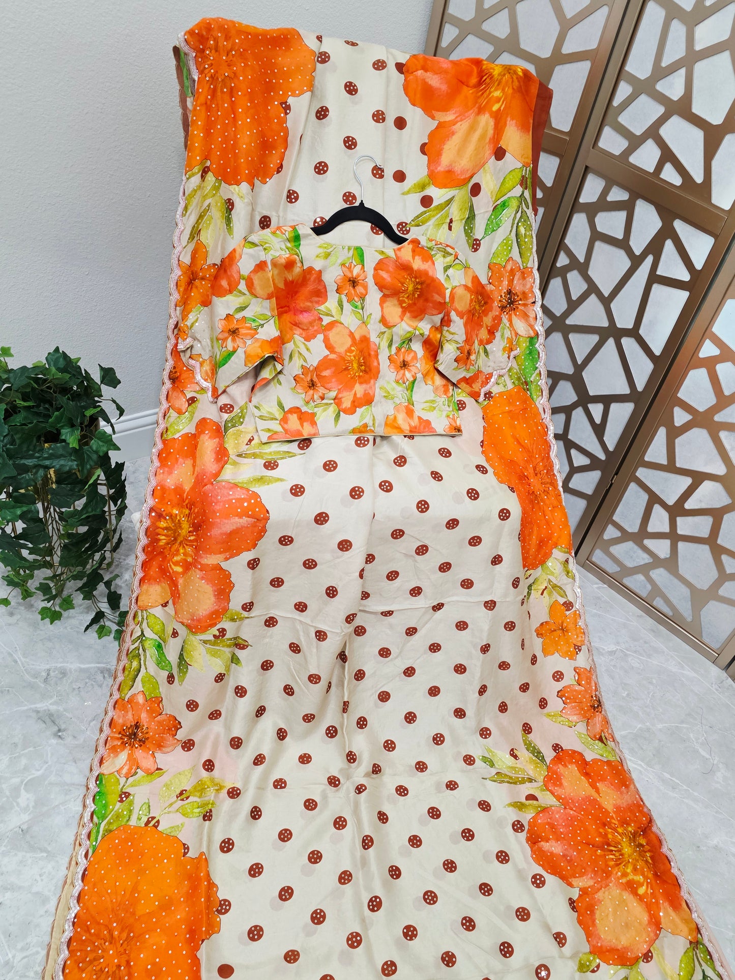 Ivory Cream & Tangerine Orange Floral Polka Dot Russian Crepe Silk Saree with Scalloped Sequin Border & Stitched Blouse — Size 38, Extendable to 44