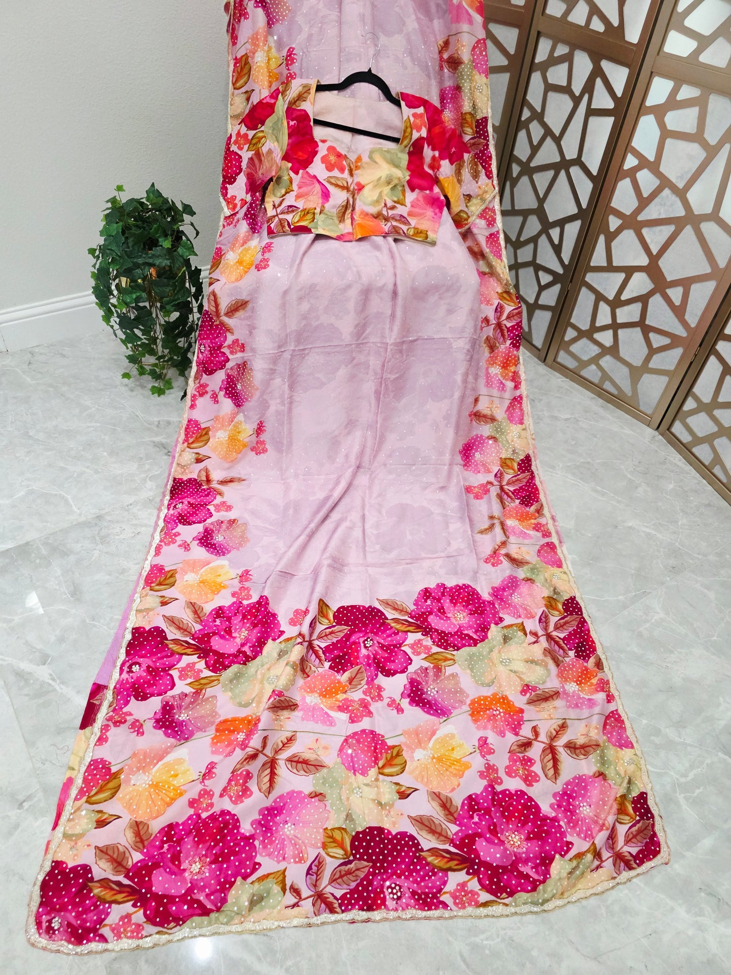 Blush Pink & Fuchsia Floral Russian Crepe Silk Saree with Scalloped Sequin Border & Matching Stitched Blouse — Size 42, Extendable to 48