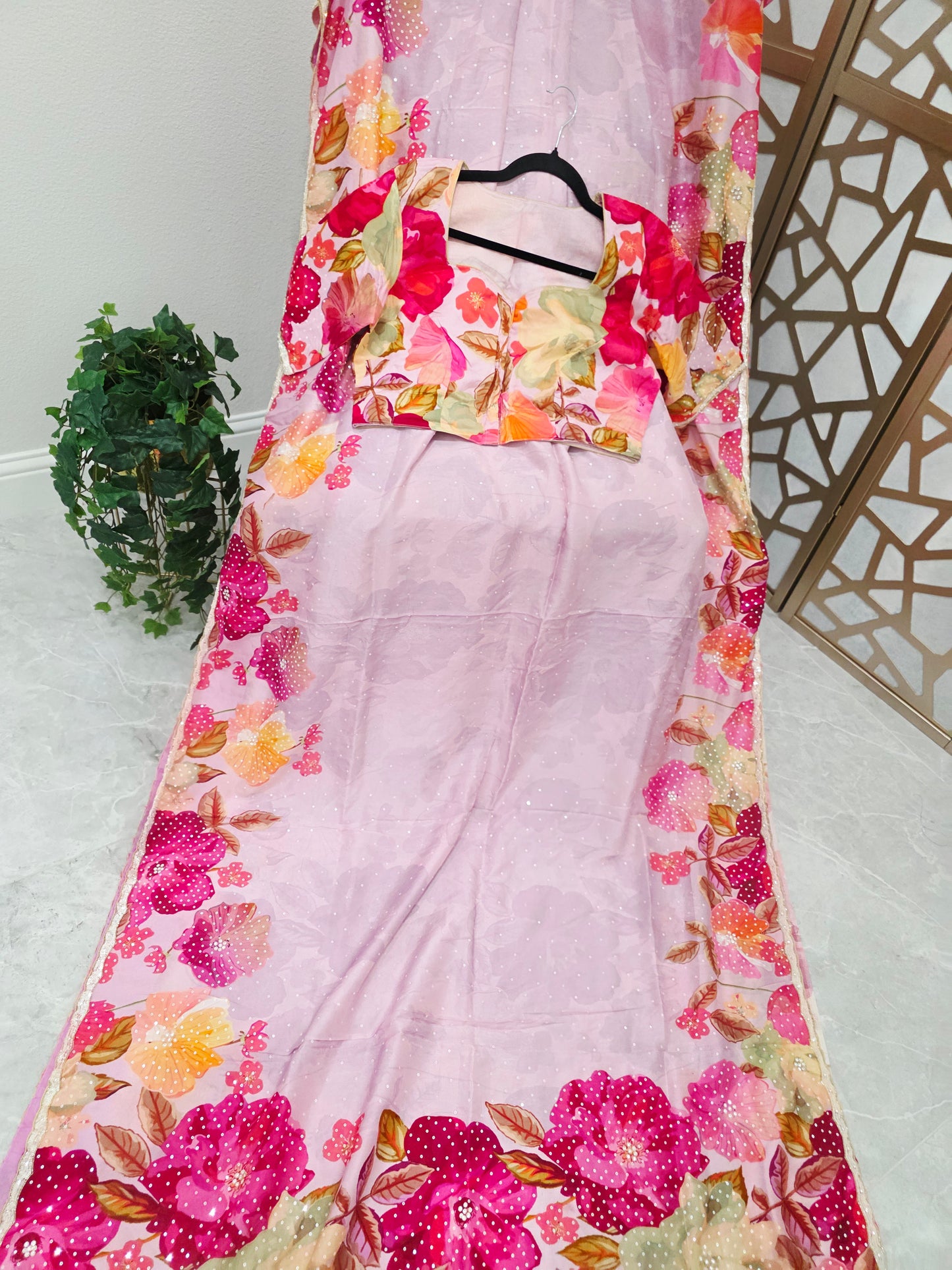 Blush Pink & Fuchsia Floral Russian Crepe Silk Saree with Scalloped Sequin Border & Matching Stitched Blouse — Size 42, Extendable to 48