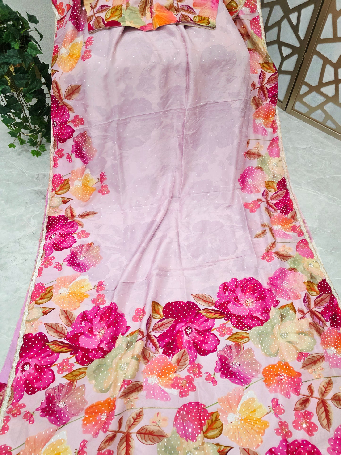 Blush Pink & Fuchsia Floral Russian Crepe Silk Saree with Scalloped Sequin Border & Matching Stitched Blouse — Size 42, Extendable to 48