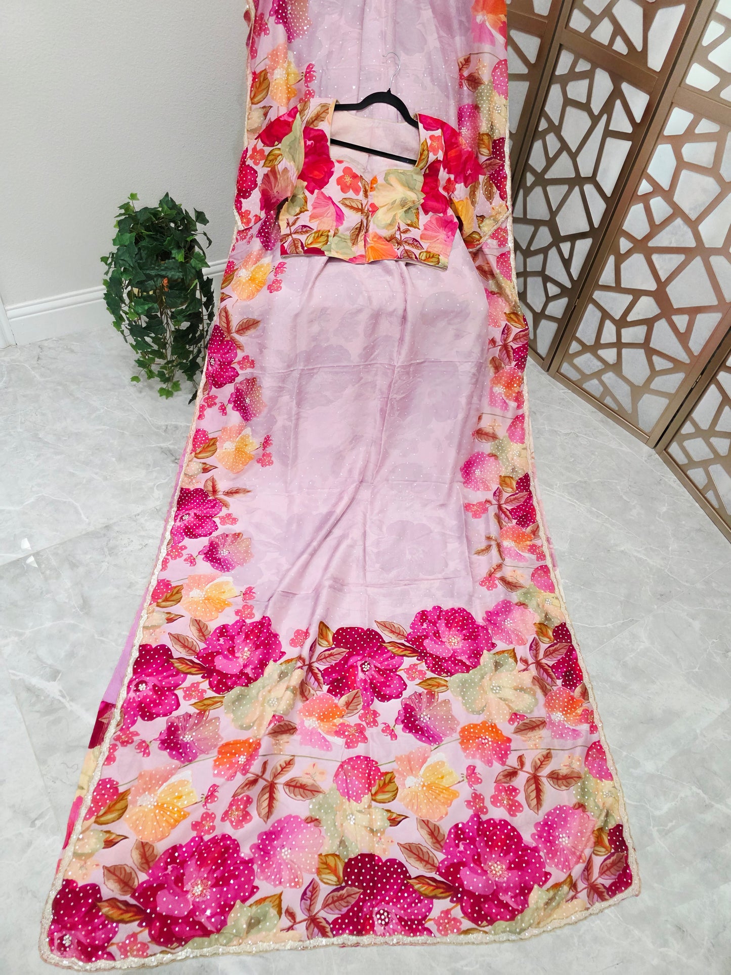 Blush Pink & Fuchsia Floral Russian Crepe Silk Saree with Scalloped Sequin Border & Matching Stitched Blouse — Size 42, Extendable to 48