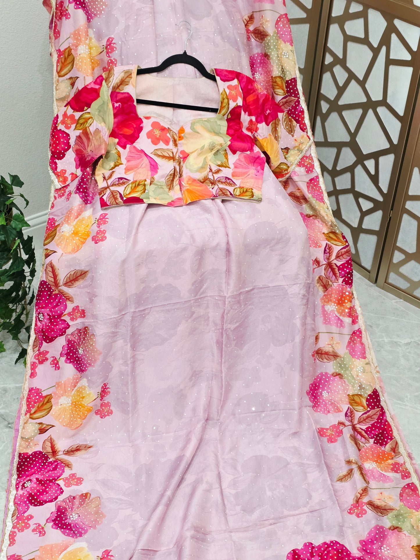 Blush Pink & Fuchsia Floral Russian Crepe Silk Saree with Scalloped Sequin Border & Matching Stitched Blouse — Size 42, Extendable to 48