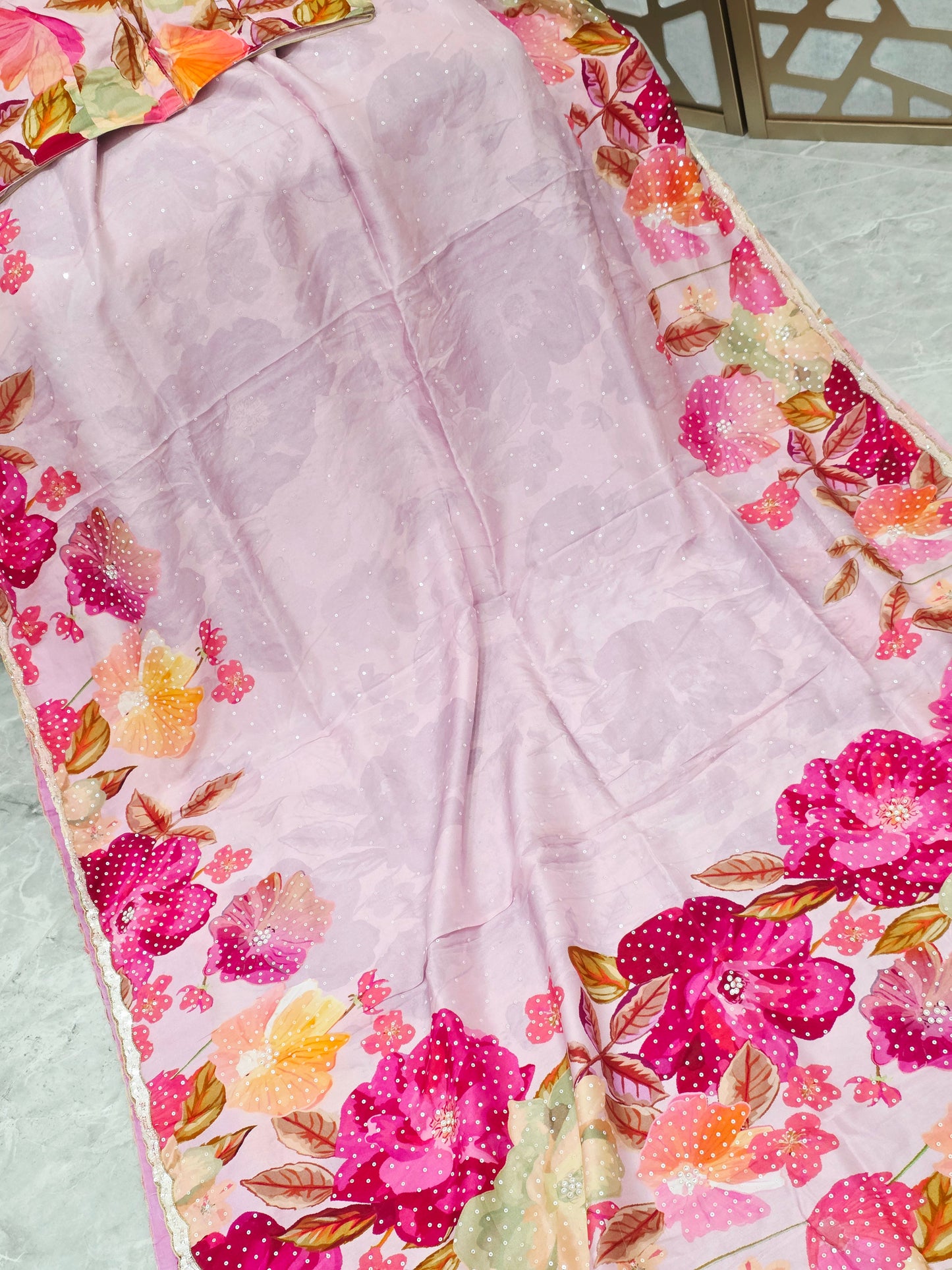 Blush Pink & Fuchsia Floral Russian Crepe Silk Saree with Scalloped Sequin Border & Matching Stitched Blouse — Size 42, Extendable to 48