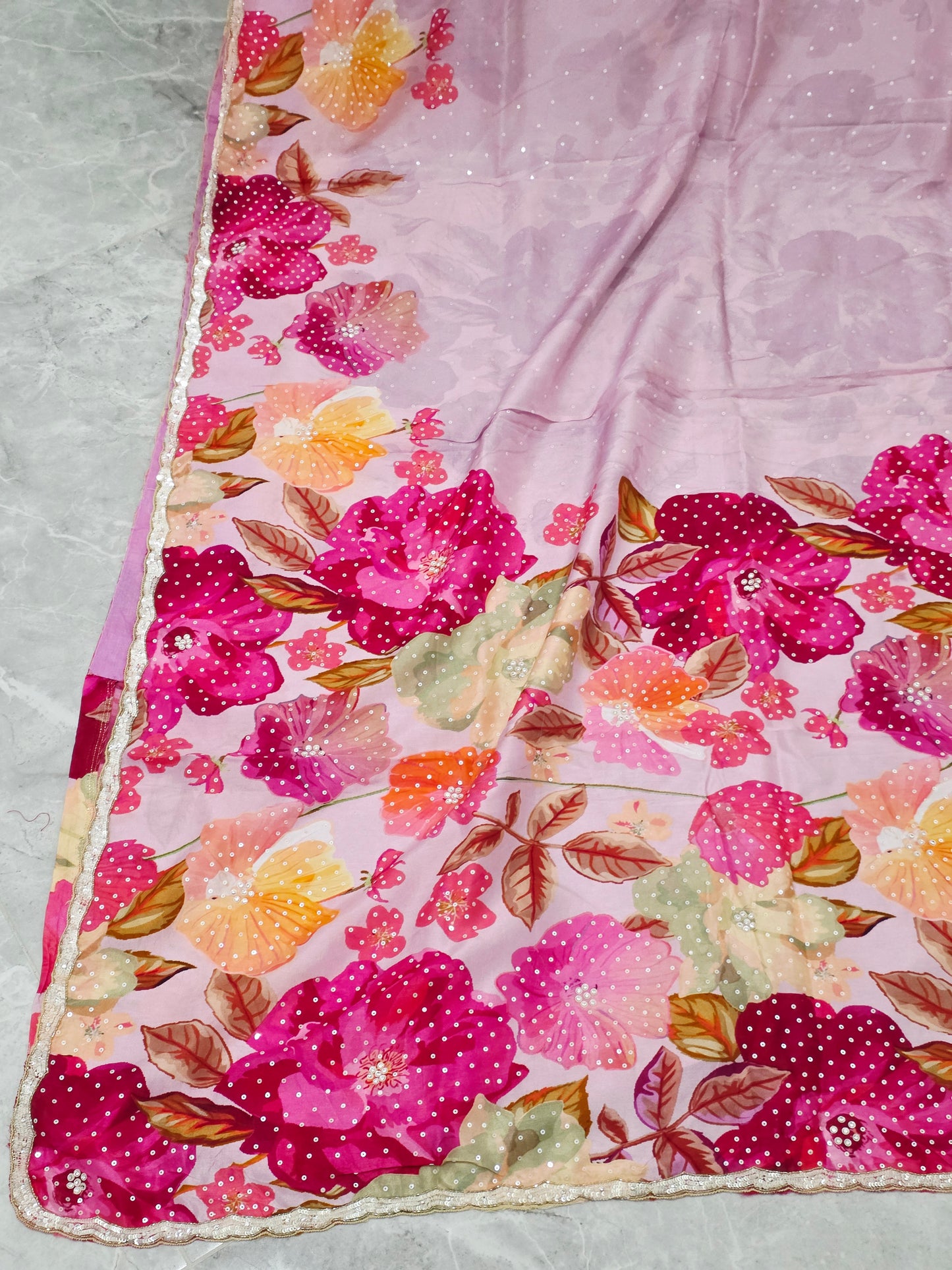 Blush Pink & Fuchsia Floral Russian Crepe Silk Saree with Scalloped Sequin Border & Matching Stitched Blouse — Size 42, Extendable to 48