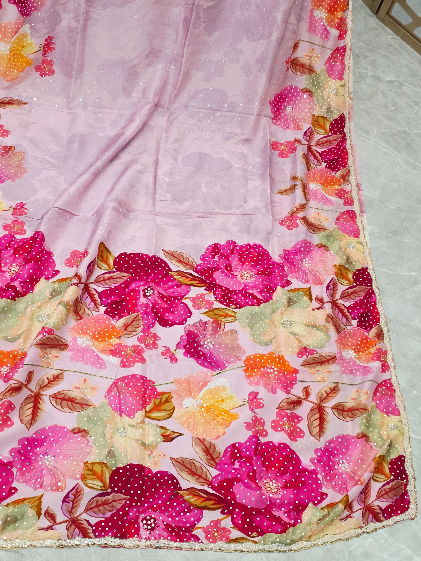 Blush Pink & Fuchsia Floral Russian Crepe Silk Saree with Scalloped Sequin Border & Matching Stitched Blouse — Size 42, Extendable to 48