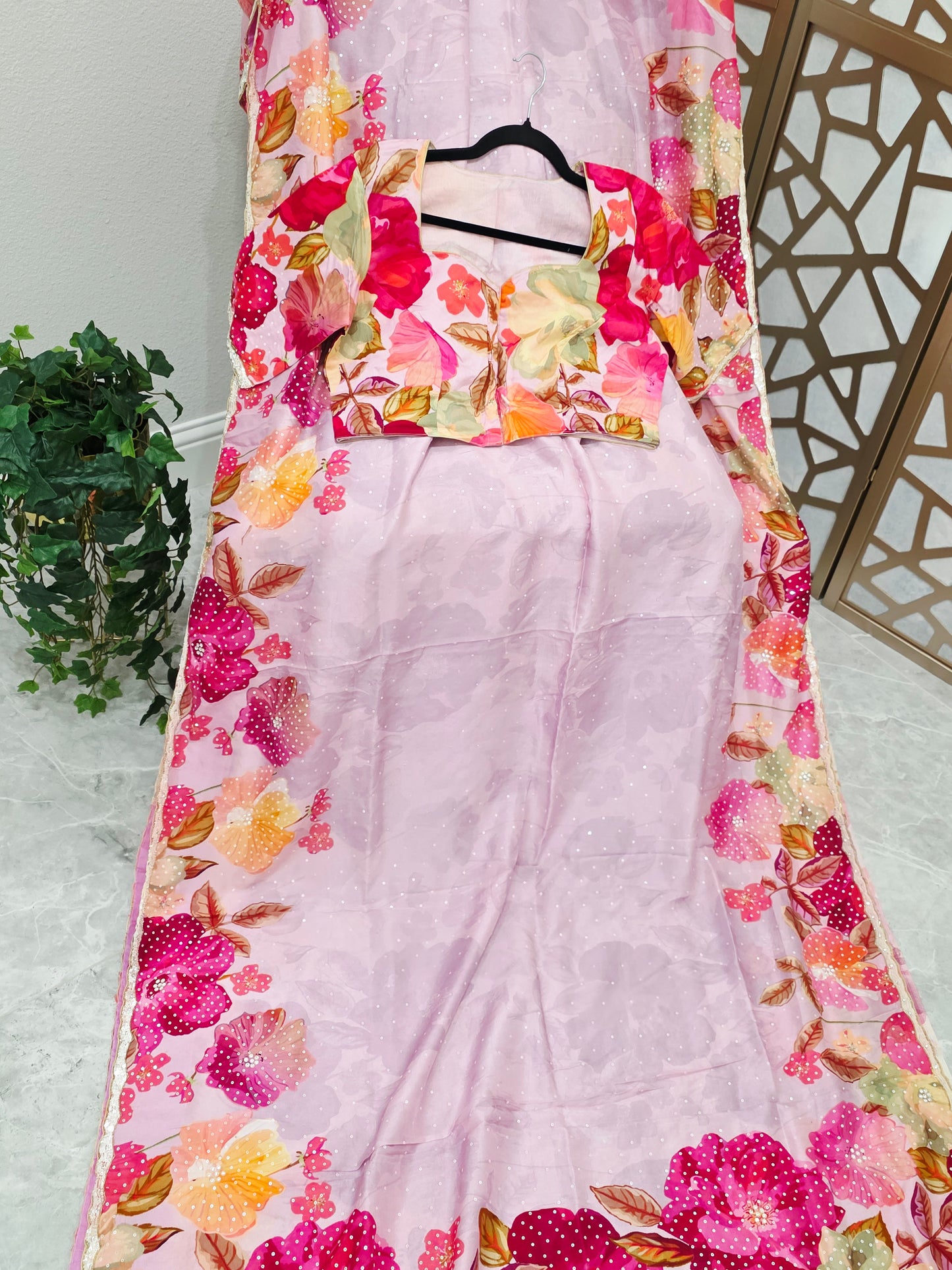 Blush Pink & Fuchsia Floral Russian Crepe Silk Saree with Scalloped Sequin Border & Matching Stitched Blouse — Size 42, Extendable to 48