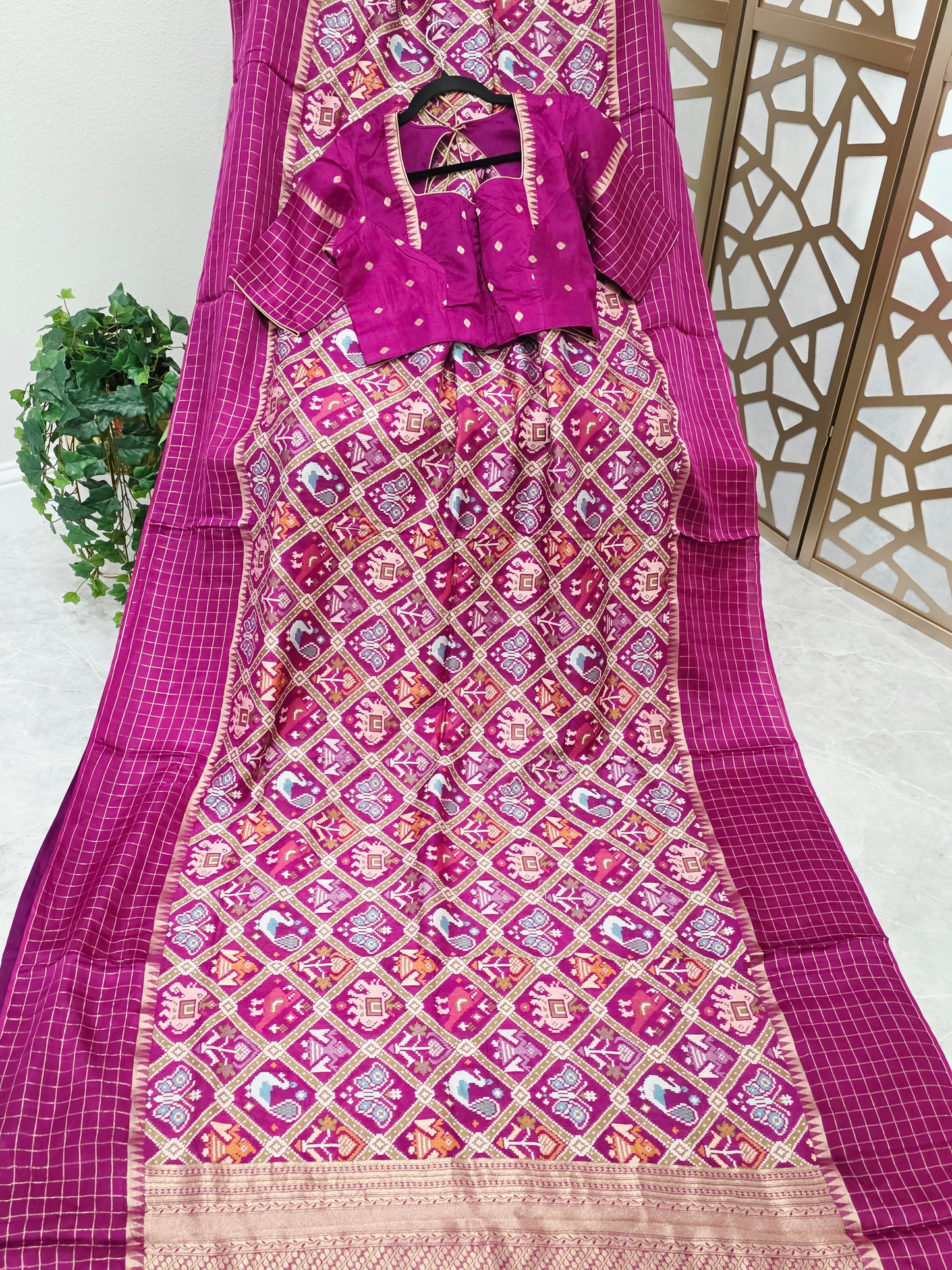 Royal Magenta Benarasi Crepe Silk Patola Designer Saree with Gold Check Borders & Matching Stitched Blouse Size 40, Extendable to 46