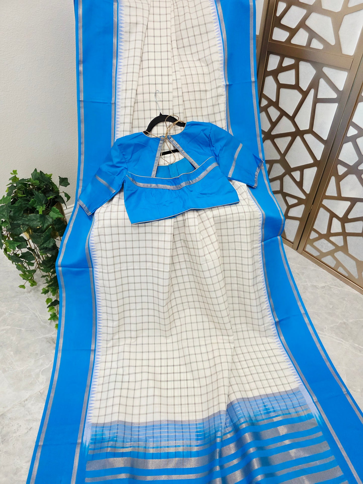 Ivory & Azure Blue Madrasi Checks Semi Kanchi Soft Silk Saree with Light Gold Zari Pallu & Stitched Blouse — Size 40, Extendable to 46