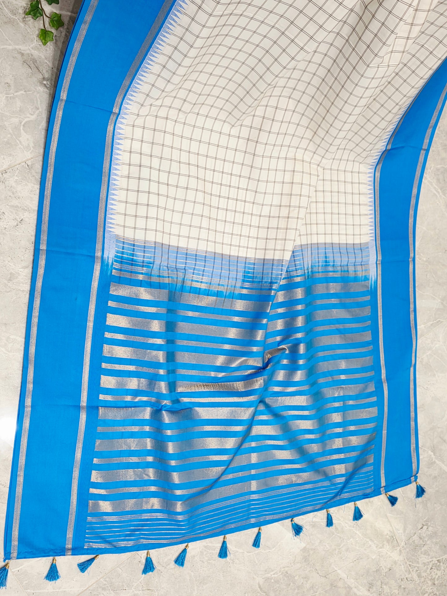 Ivory & Azure Blue Madrasi Checks Semi Kanchi Soft Silk Saree with Light Gold Zari Pallu & Stitched Blouse — Size 40, Extendable to 46