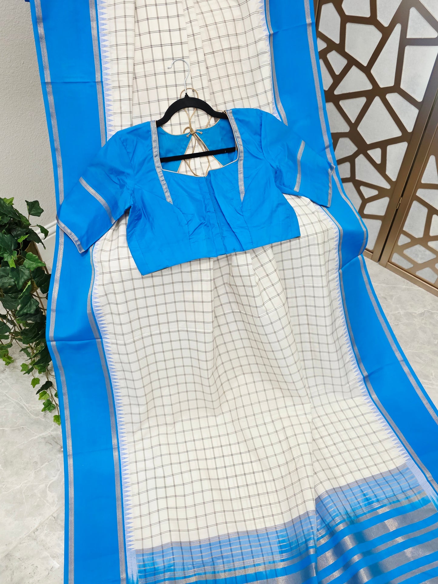 Ivory & Azure Blue Madrasi Checks Semi Kanchi Soft Silk Saree with Light Gold Zari Pallu & Stitched Blouse — Size 40, Extendable to 46