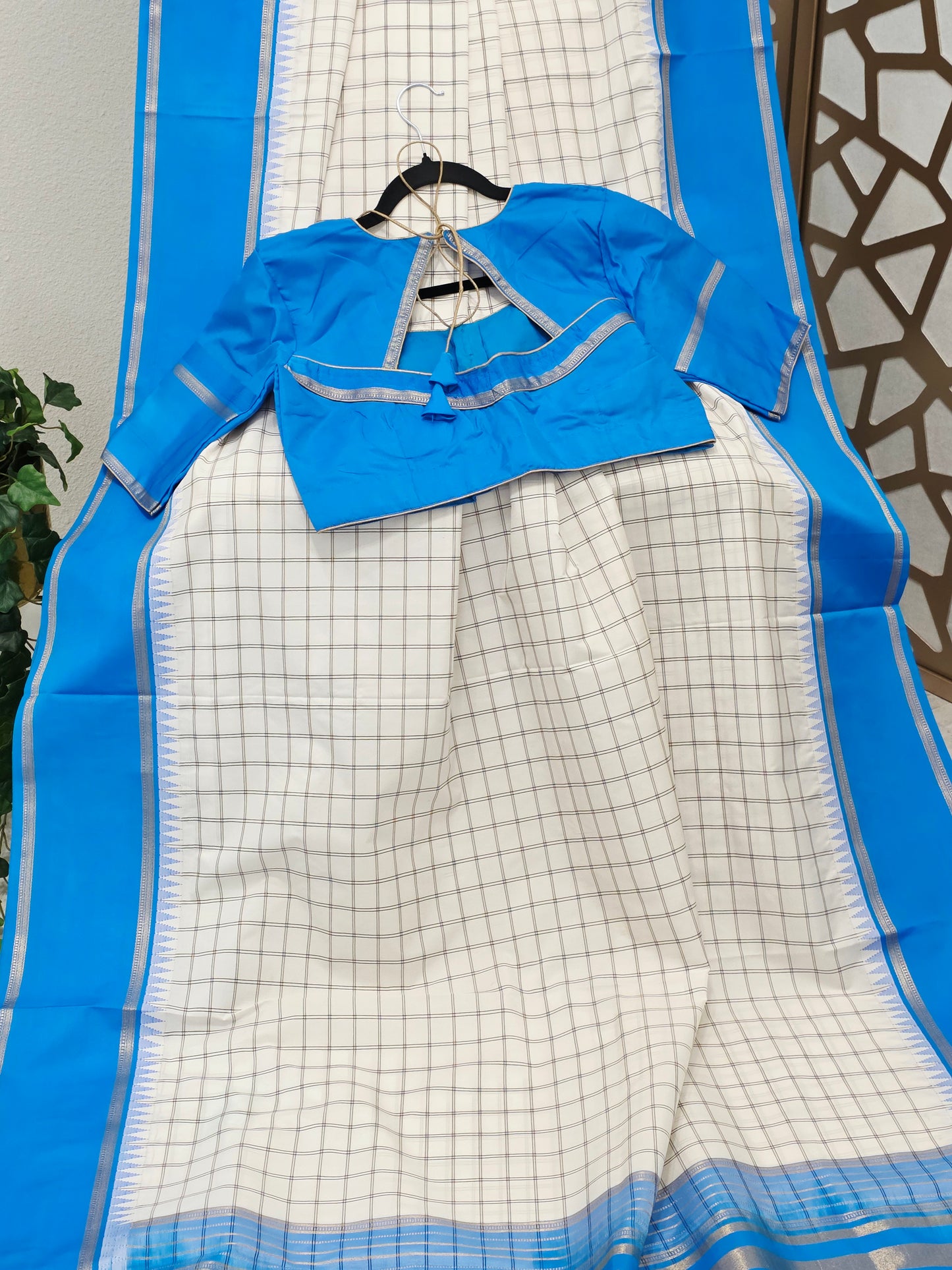Ivory & Azure Blue Madrasi Checks Semi Kanchi Soft Silk Saree with Light Gold Zari Pallu & Stitched Blouse — Size 40, Extendable to 46