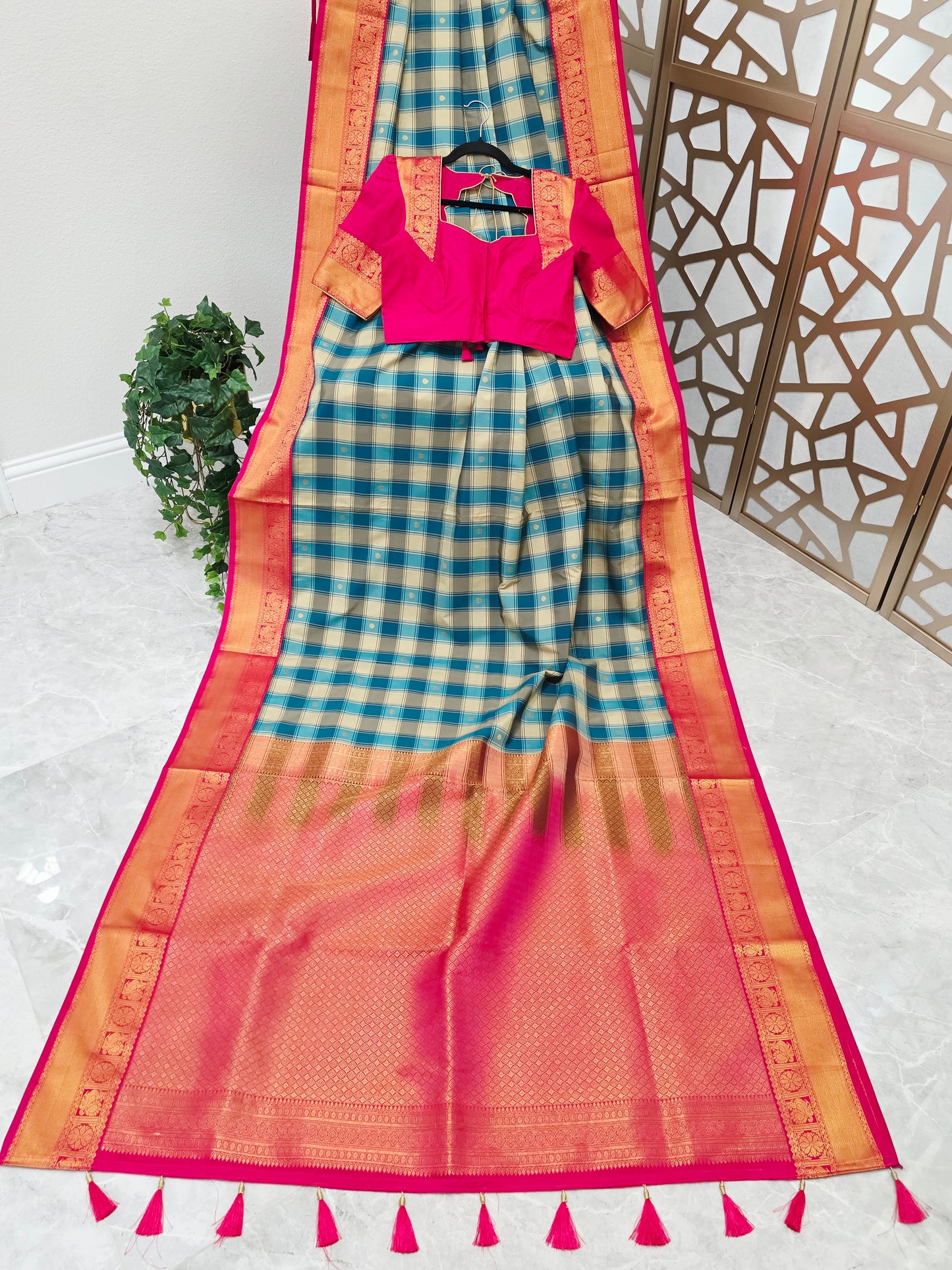 Teal Blue & Ivory Madrasi Checks Semi Kanchi Soft Silk Saree with Rani Pink Borders, Gold Pallu & Stitched Blouse — Size 38, Extendable to 44