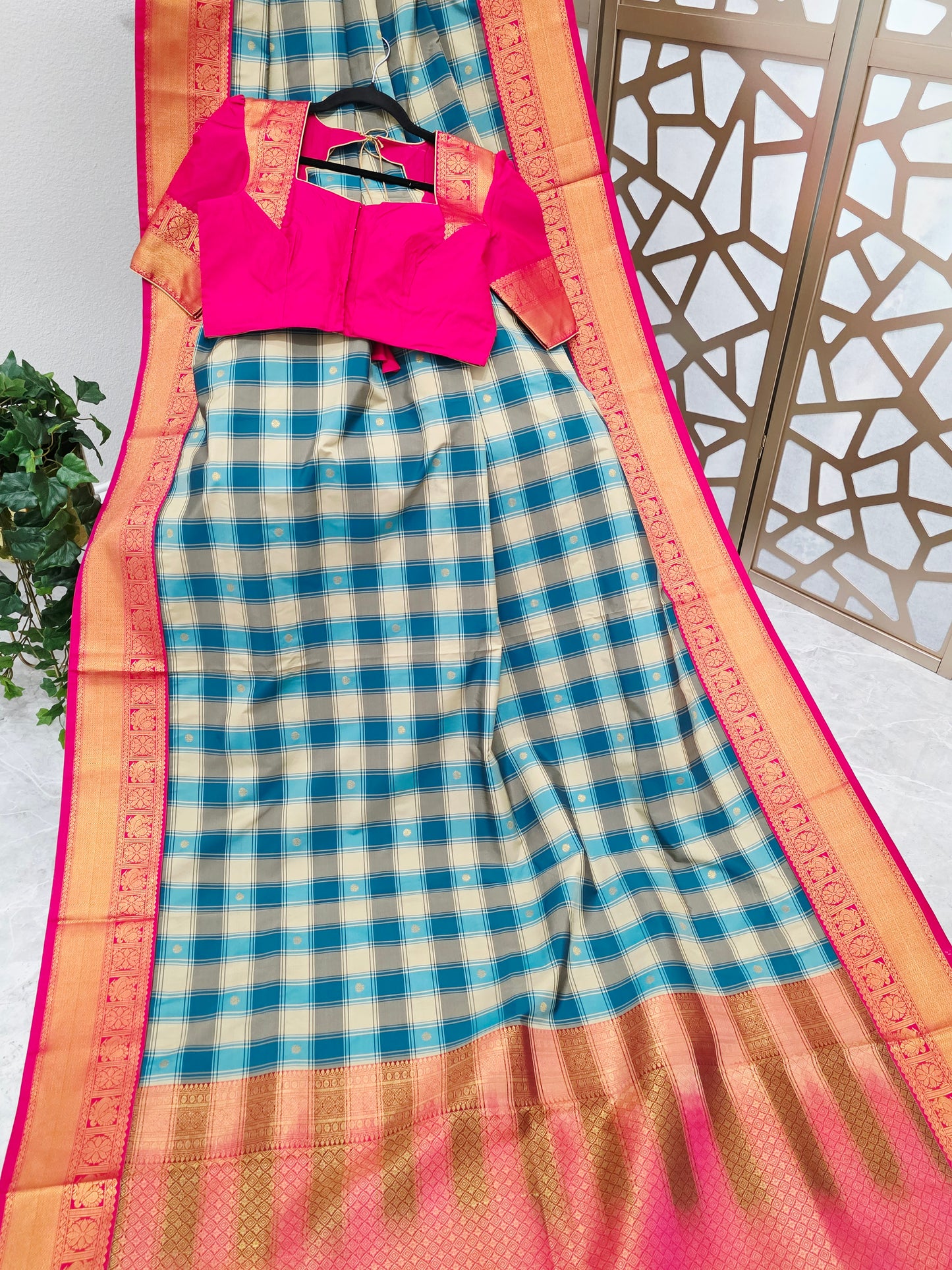 Teal Blue & Ivory Madrasi Checks Semi Kanchi Soft Silk Saree with Rani Pink Borders, Gold Pallu & Stitched Blouse — Size 38, Extendable to 44