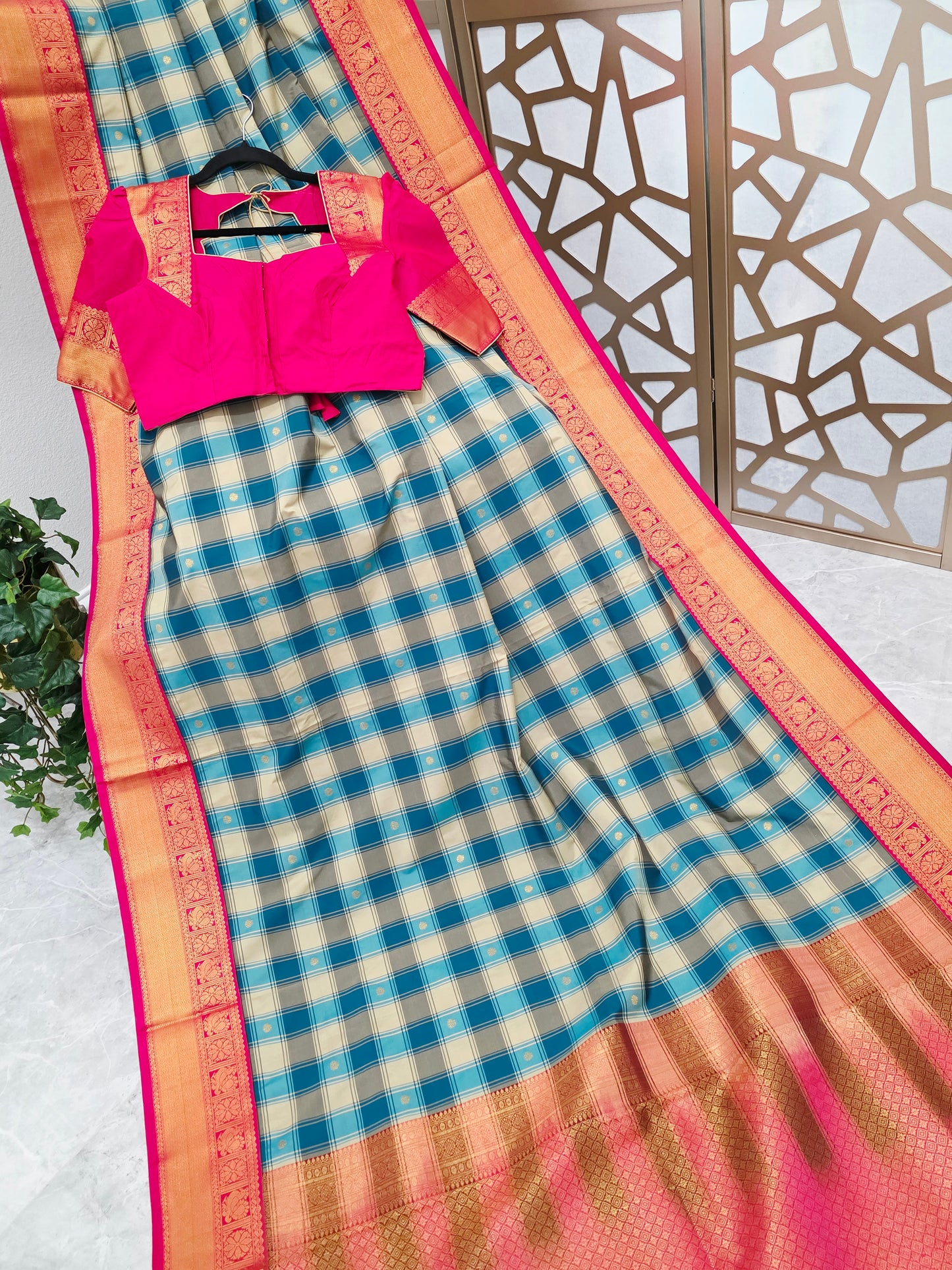 Teal Blue & Ivory Madrasi Checks Semi Kanchi Soft Silk Saree with Rani Pink Borders, Gold Pallu & Stitched Blouse — Size 38, Extendable to 44