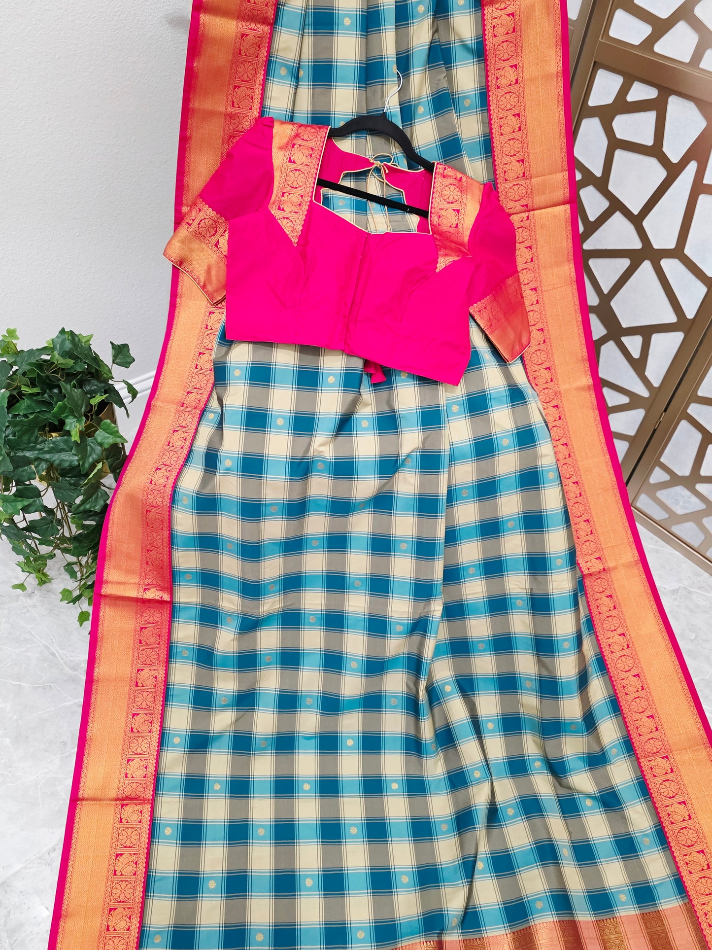 Teal Blue & Ivory Madrasi Checks Semi Kanchi Soft Silk Saree with Rani Pink Borders, Gold Pallu & Stitched Blouse — Size 38, Extendable to 44