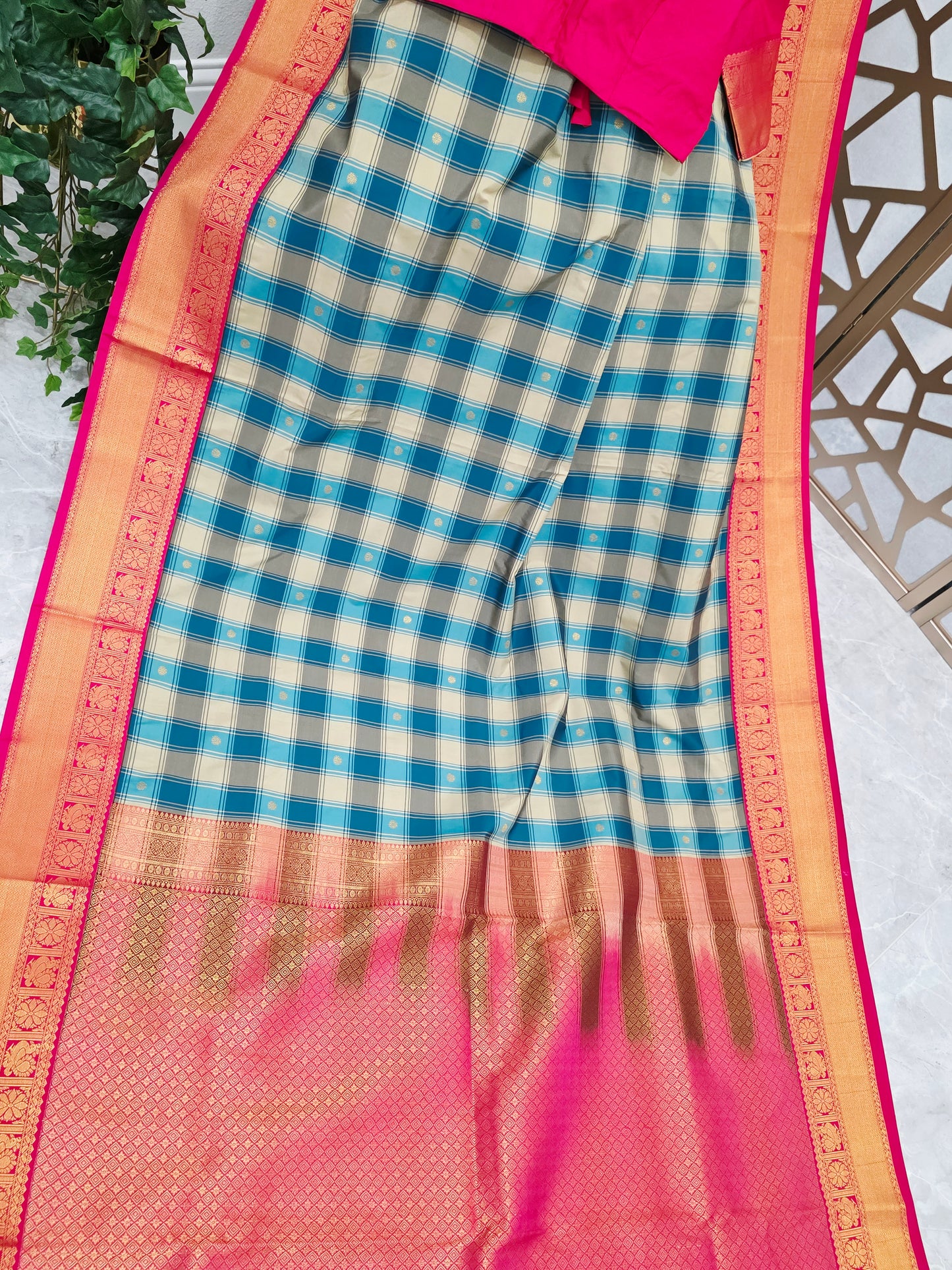 Teal Blue & Ivory Madrasi Checks Semi Kanchi Soft Silk Saree with Rani Pink Borders, Gold Pallu & Stitched Blouse — Size 38, Extendable to 44
