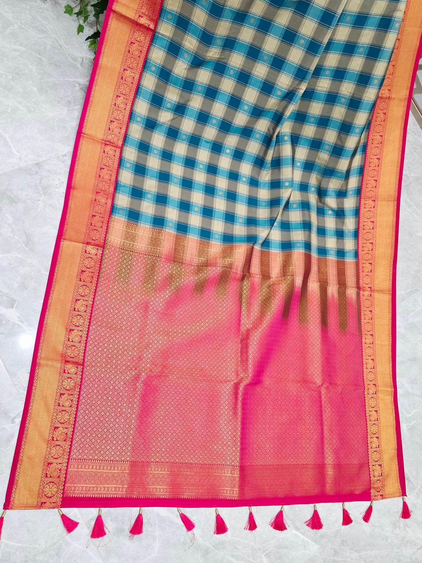 Teal Blue & Ivory Madrasi Checks Semi Kanchi Soft Silk Saree with Rani Pink Borders, Gold Pallu & Stitched Blouse — Size 38, Extendable to 44